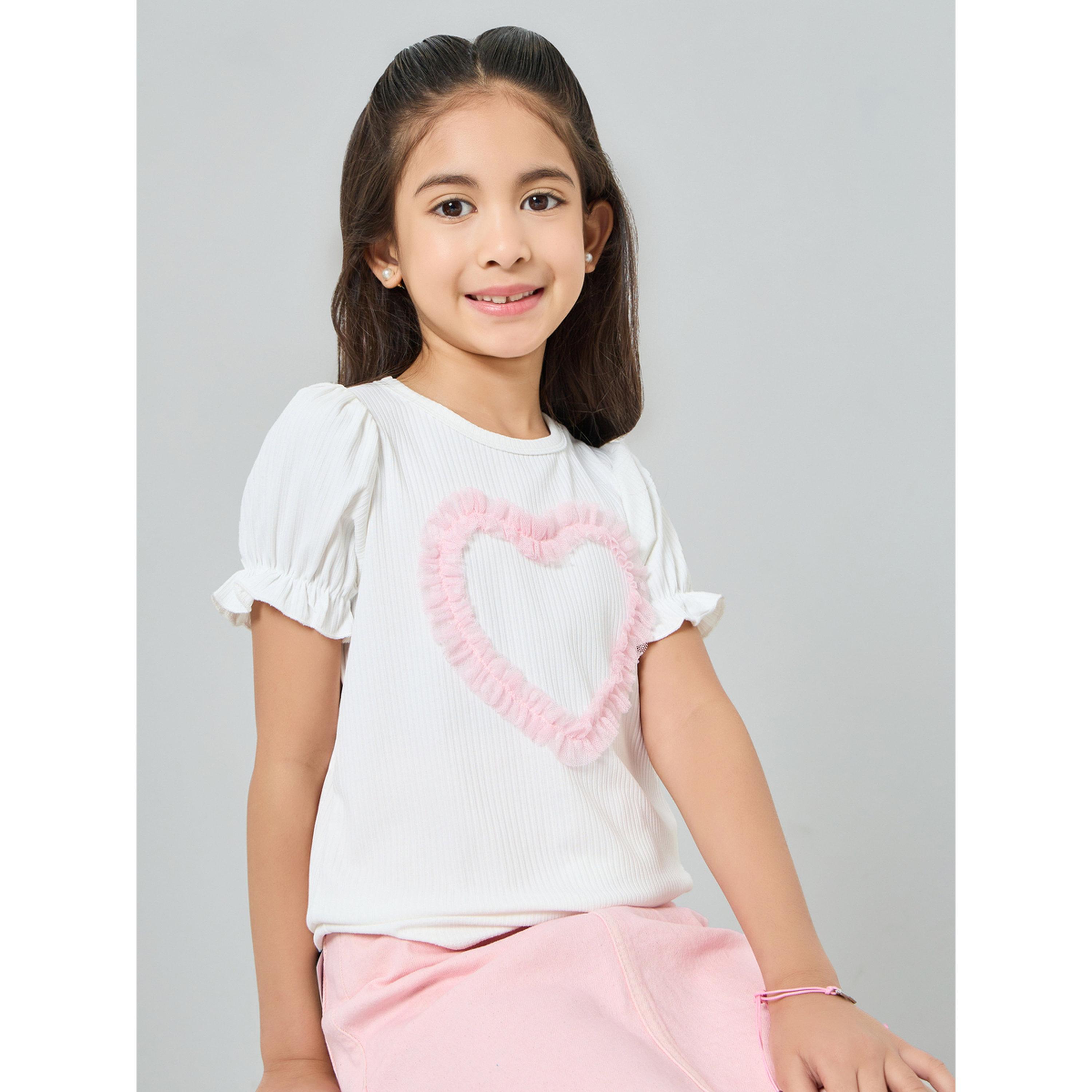 Styli Girls White Puff Sleeve T-Shirt with Pink Heart Detail-girls-clothing-tshirts-image-3