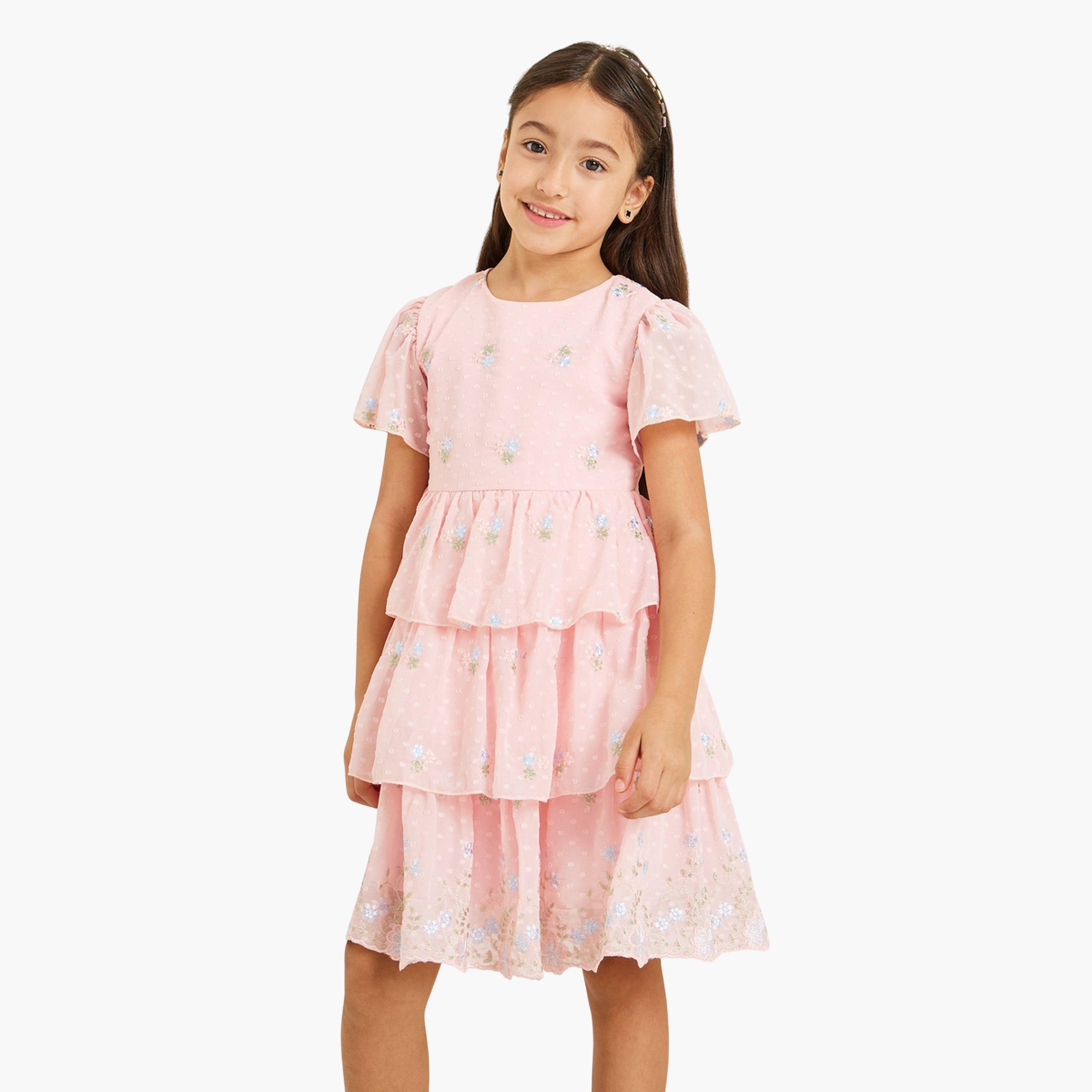 Styli Girls Pink Floral Embroidered Tiered Dress-girls-clothing-dressesandjumpsuits-image-1