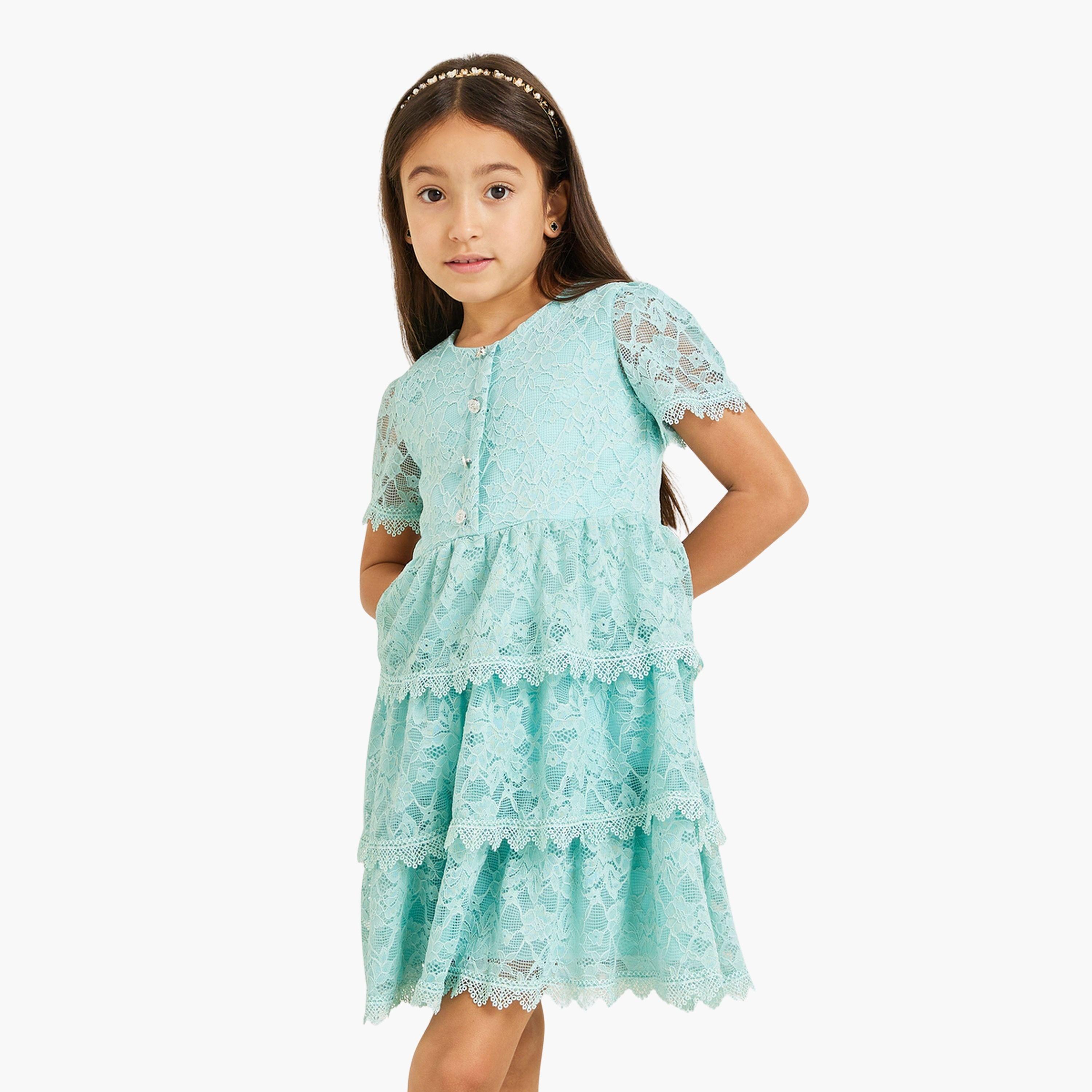 Styli Girls Mint Green Tiered Lace Dress-girls-clothing-dressesandjumpsuits-image-1