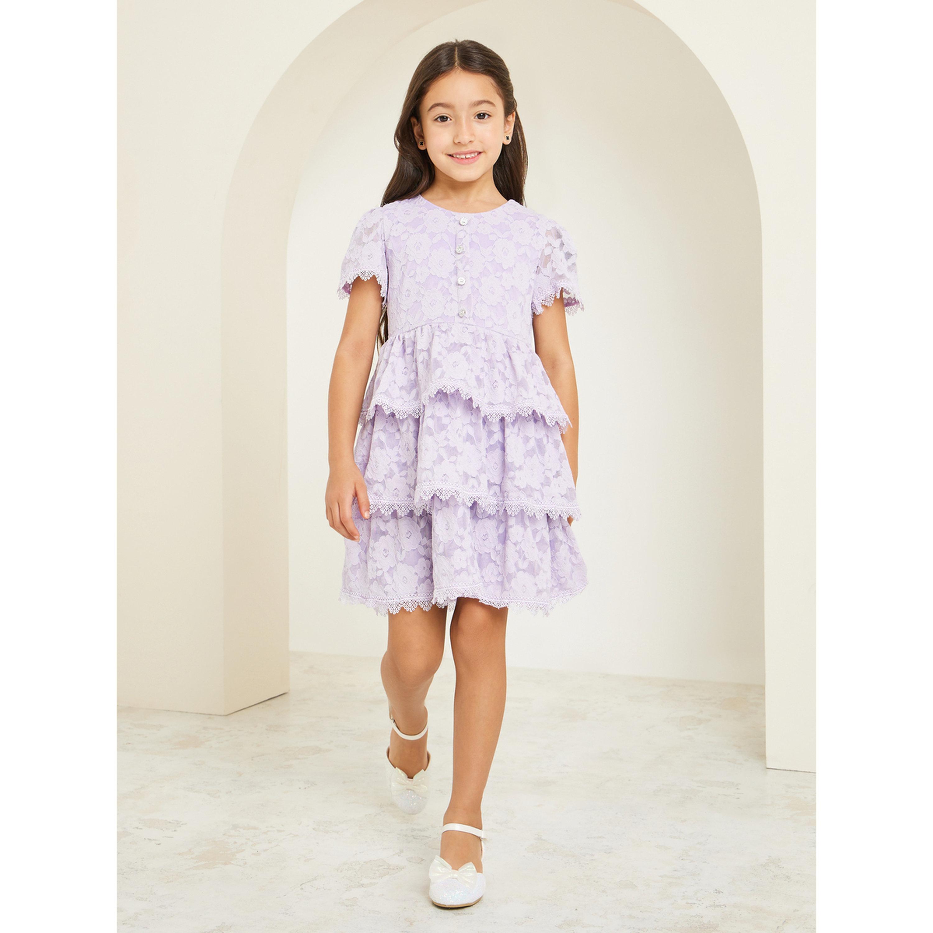 Styli Girls Lilac Tiered Lace Dress-girls-clothing-dressesandjumpsuits-image-2