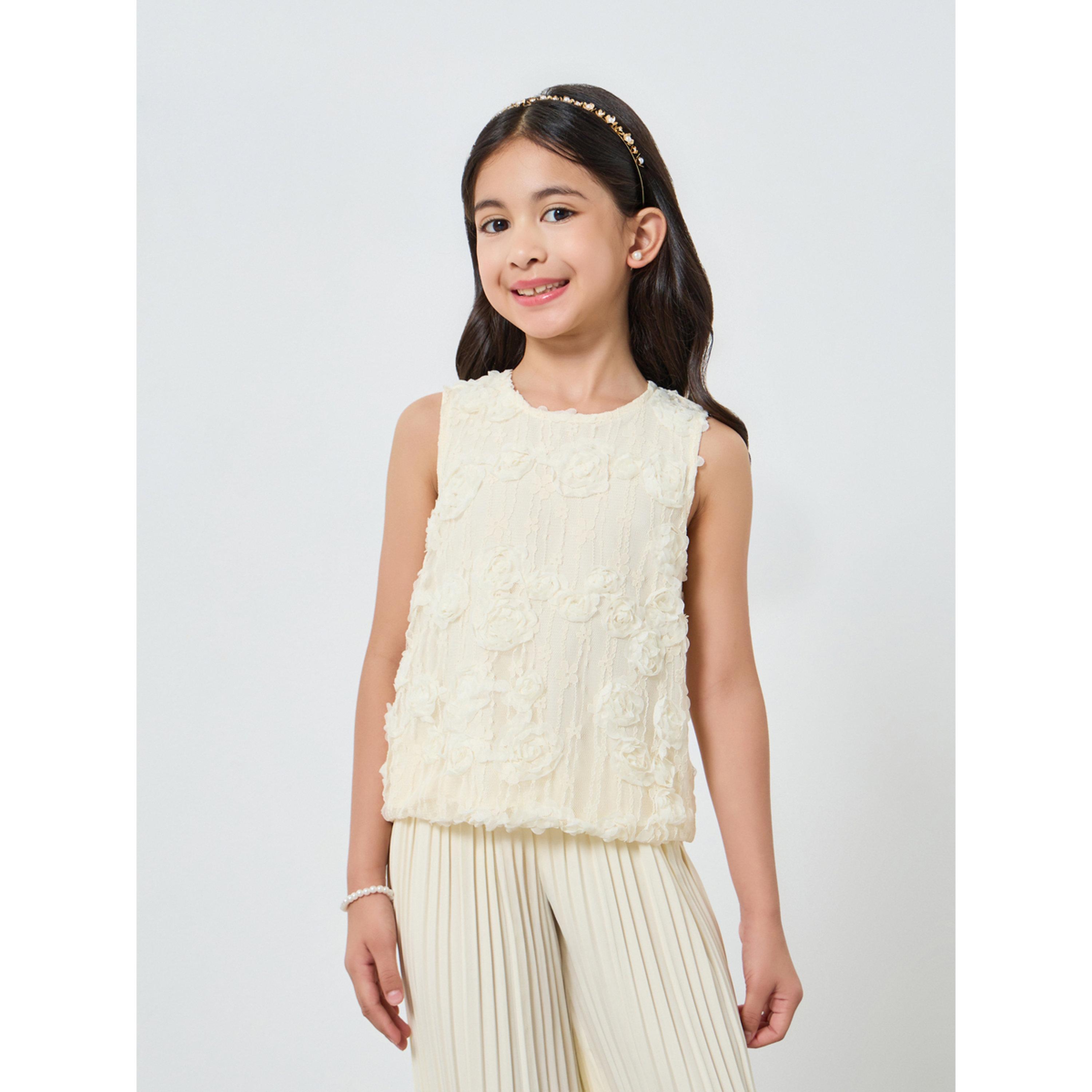 Styli Girls Off-White Embellished Top and Pleated Trousers Set-girls-clothing-setsandcoords-image-2