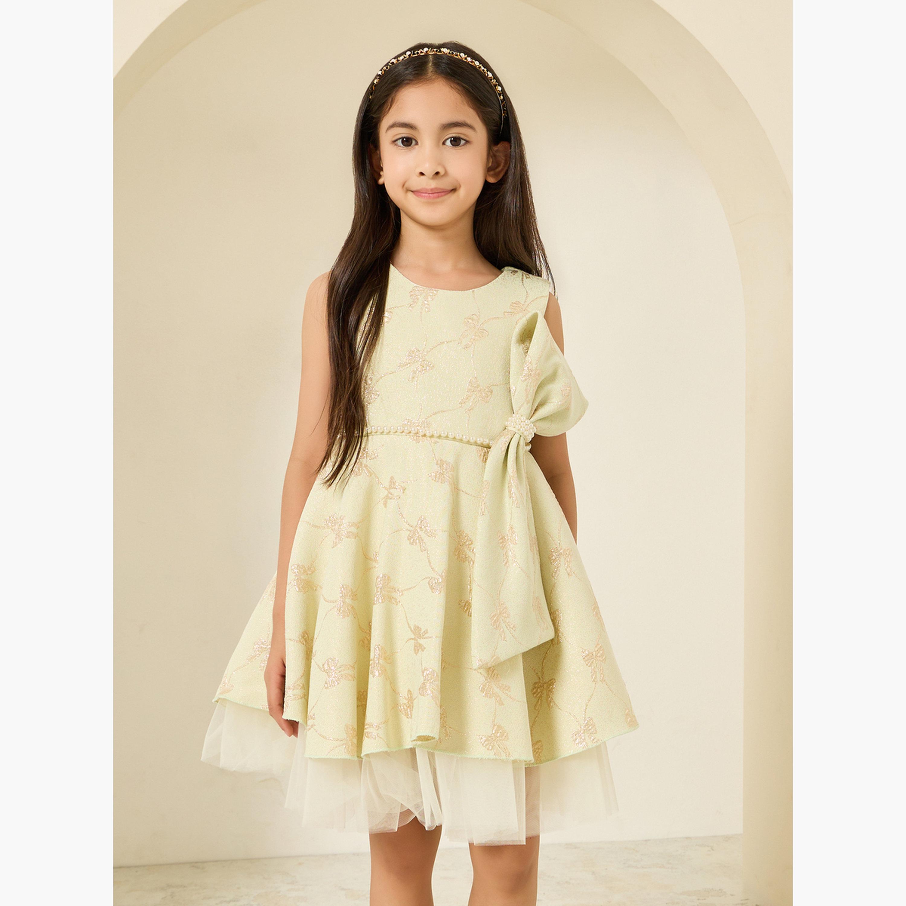فستان جاكار بطيات وتفاصيل فيونكة-girls-clothing-dressesandjumpsuits-image-1