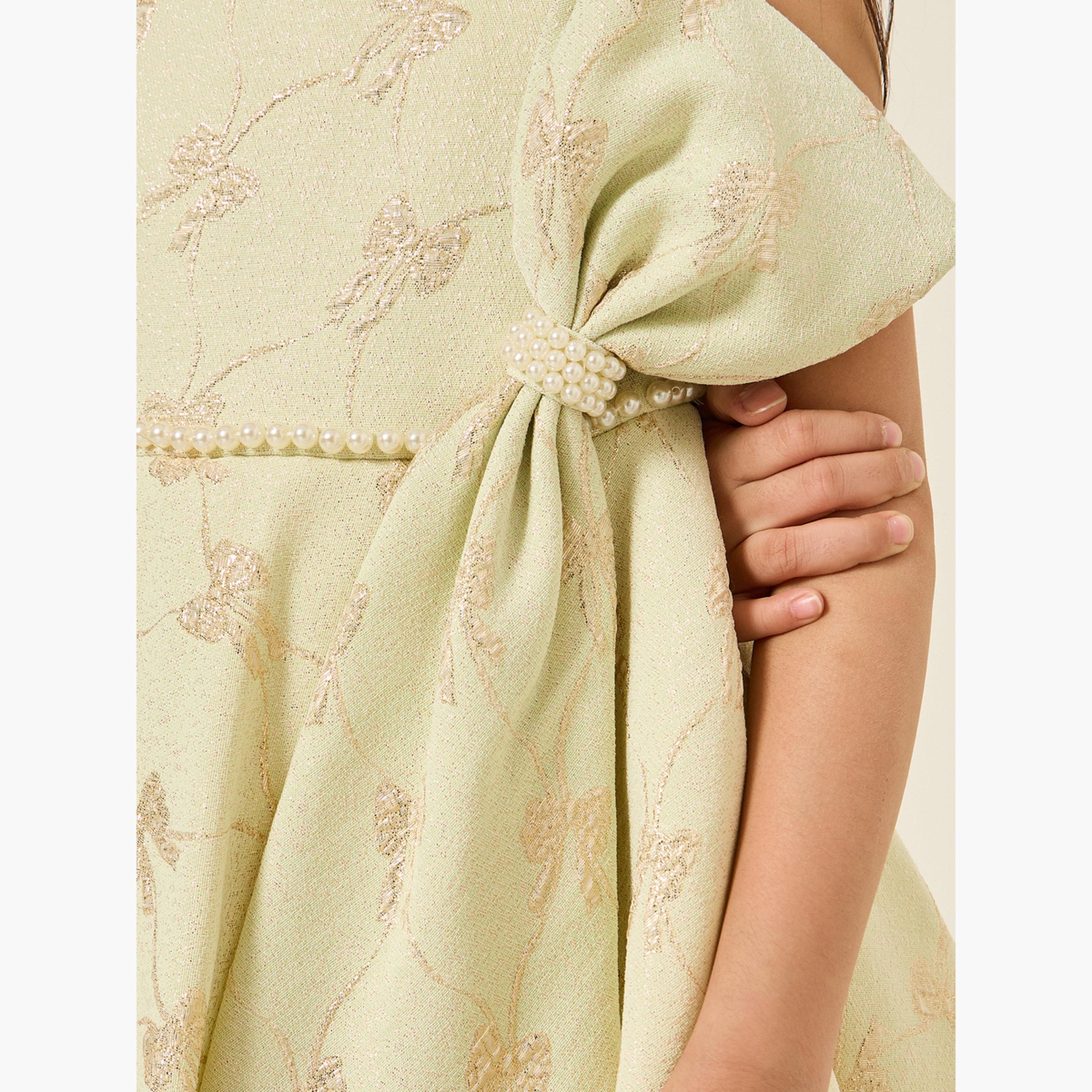 Styli Girls Jacquard Pleated Dress with Bow Detail-girls-clothing-dressesandjumpsuits-image-4