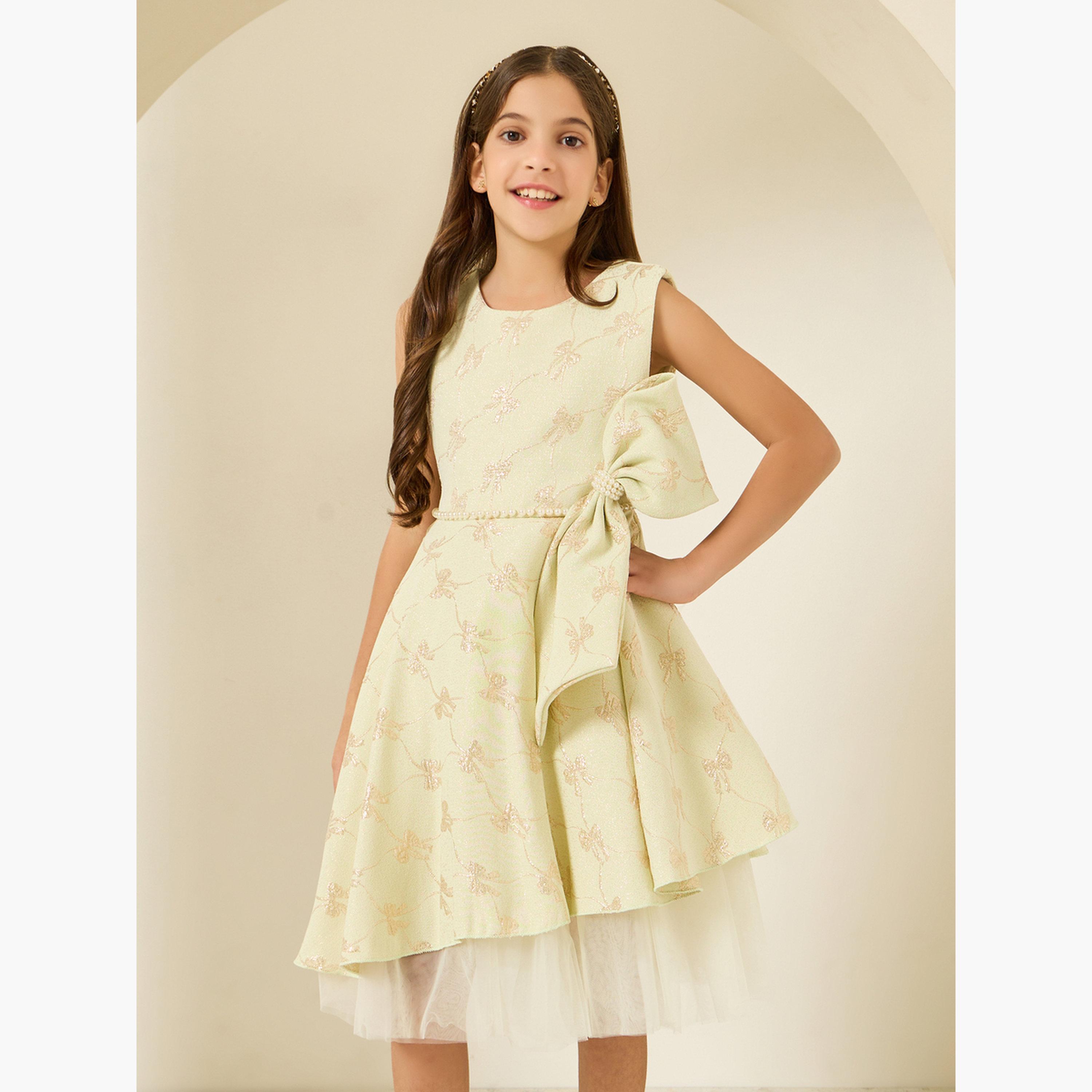 فستان جاكار بلا أكمام وبتفاصيل عقدة-girls-clothing-dressesandjumpsuits-image-1