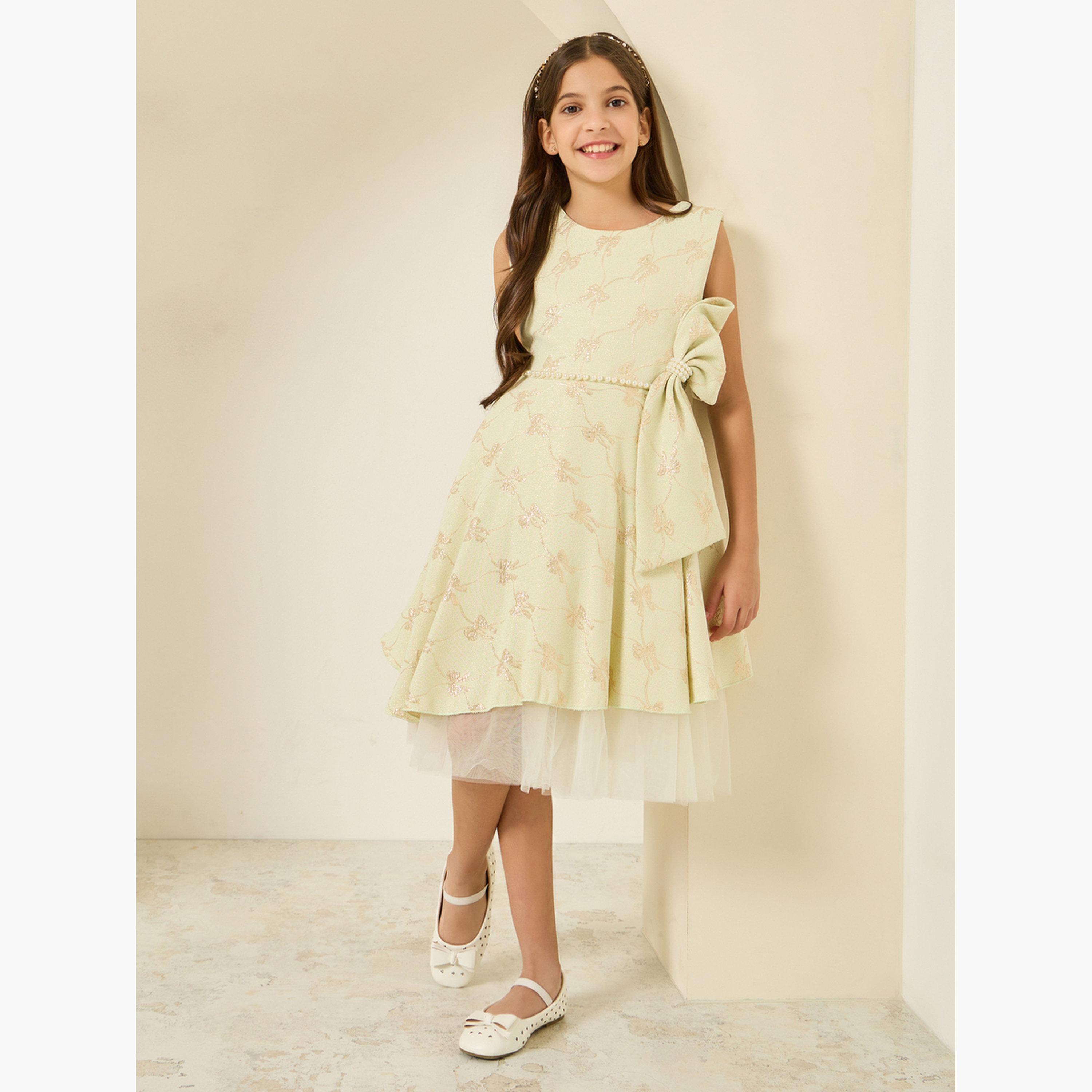 فستان جاكار بلا أكمام وبتفاصيل عقدة-girls-clothing-dressesandjumpsuits-image-2