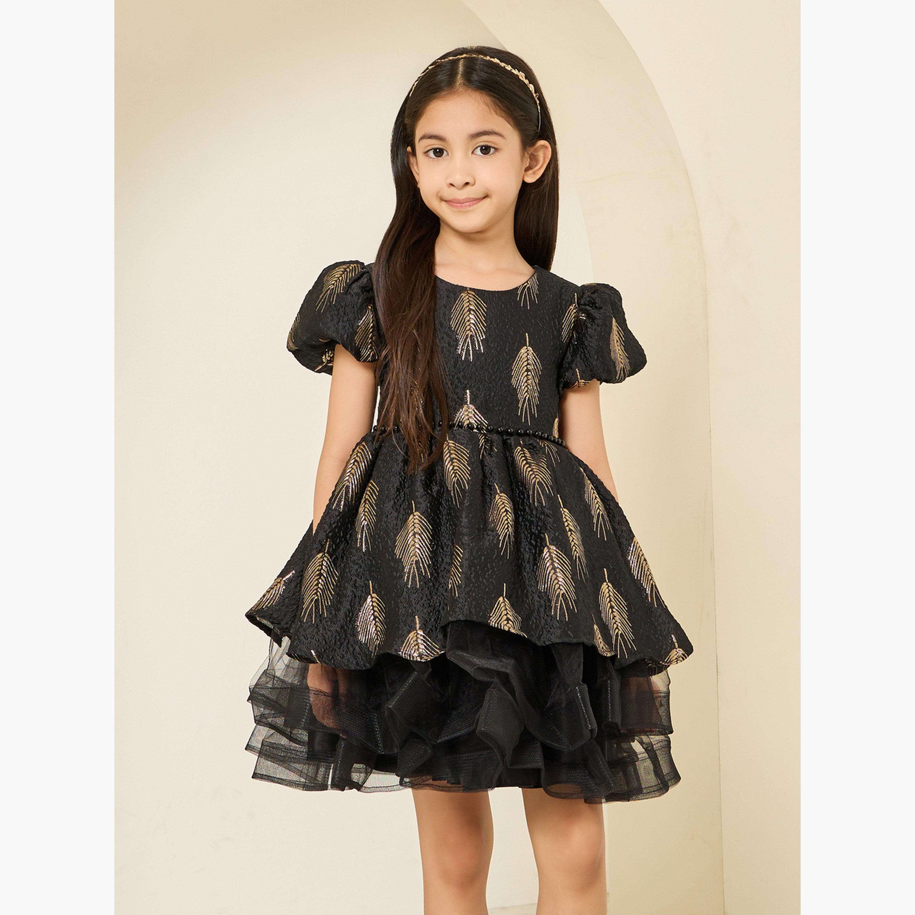 Styli Girls Black Puff Sleeve Floral Jacquard Dress-girls-clothing-dressesandjumpsuits-image-1