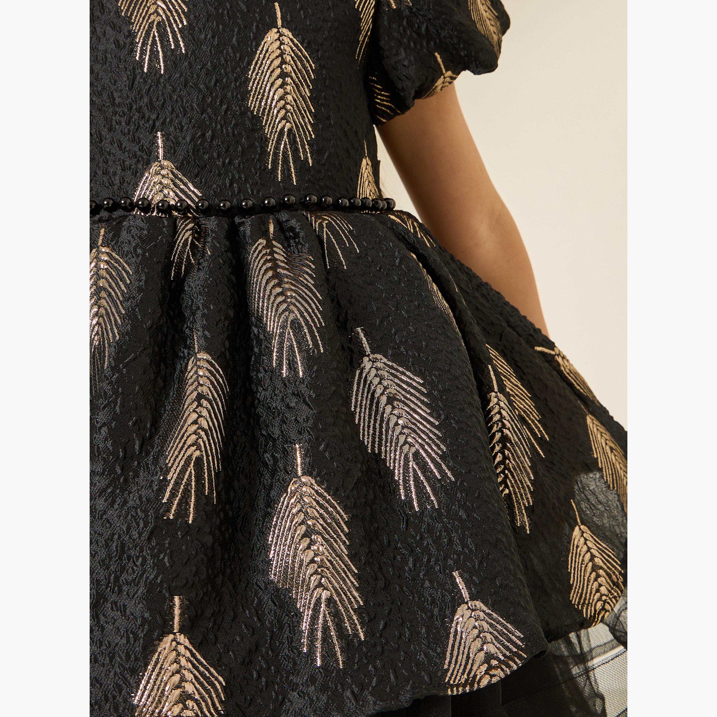 Styli Girls Black Puff Sleeve Floral Jacquard Dress-girls-clothing-dressesandjumpsuits-image-4