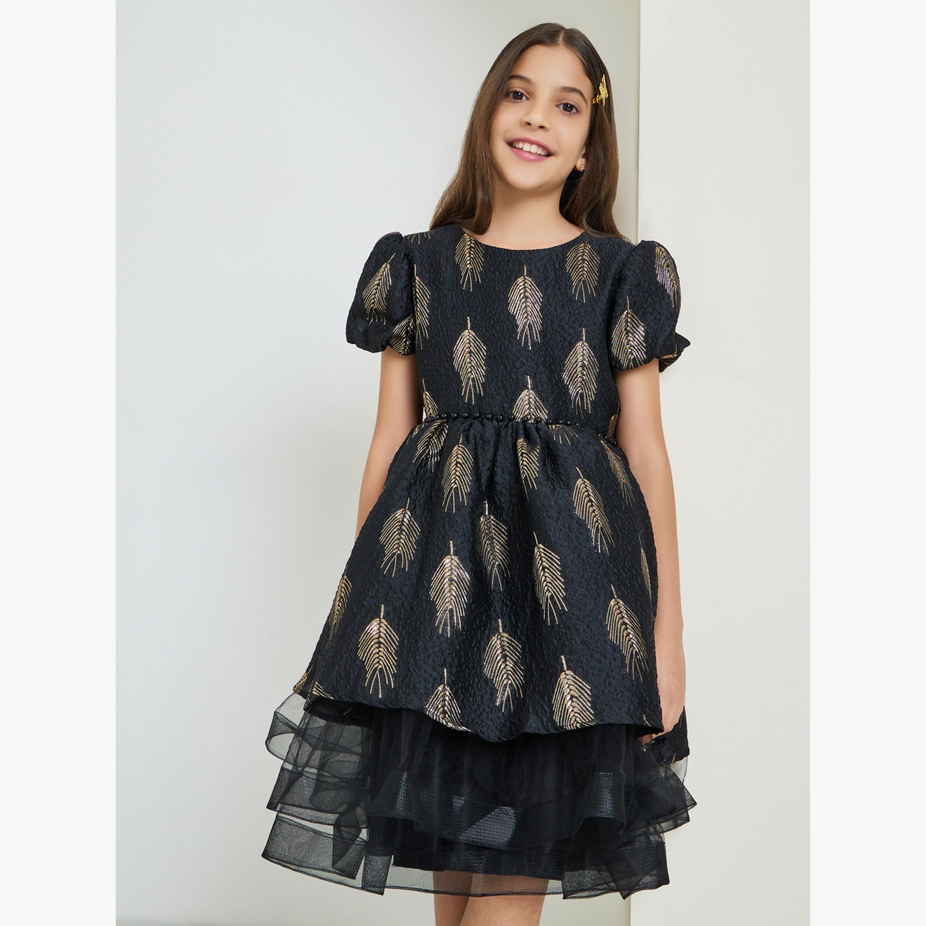 Styli Girls Black Jacquard Puff Sleeve Dress-girls-clothing-dressesandjumpsuits-image-1
