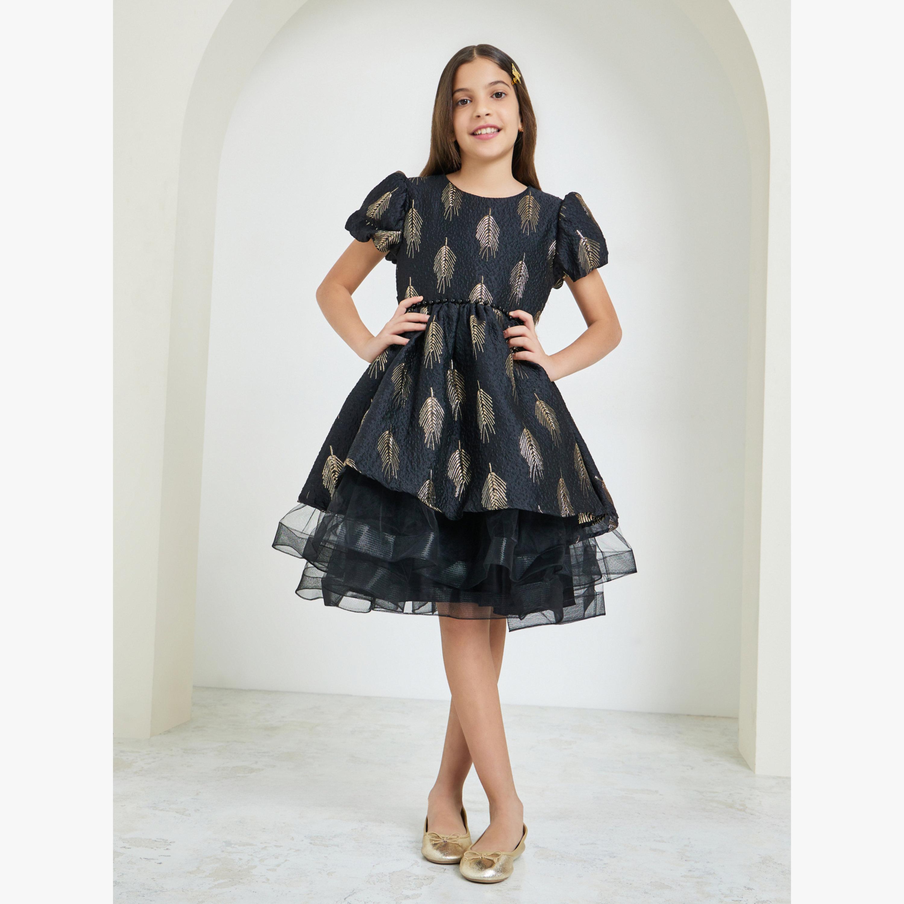 Styli Girls Black Jacquard Puff Sleeve Dress-girls-clothing-dressesandjumpsuits-image-2