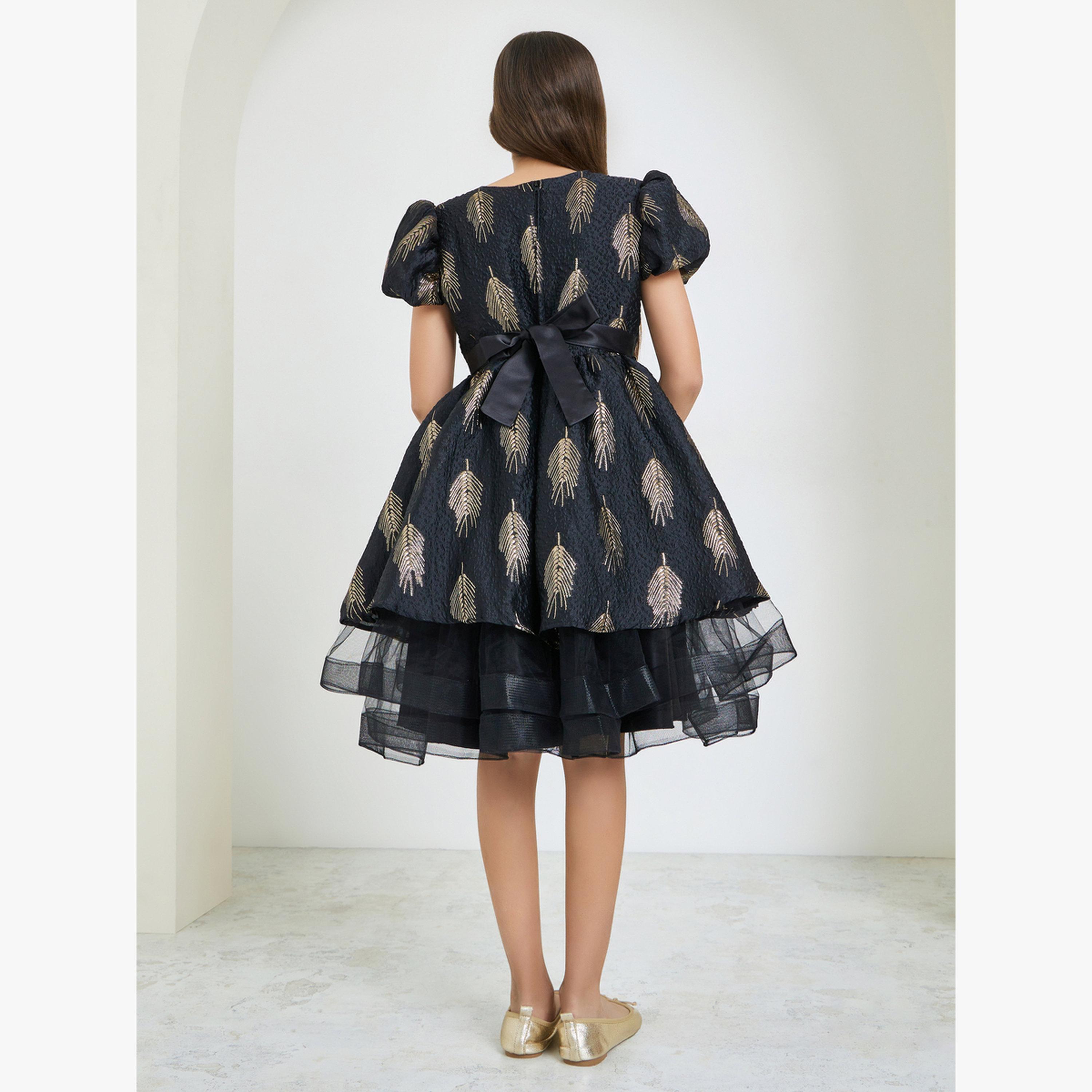 Styli Girls Black Jacquard Puff Sleeve Dress-girls-clothing-dressesandjumpsuits-image-3