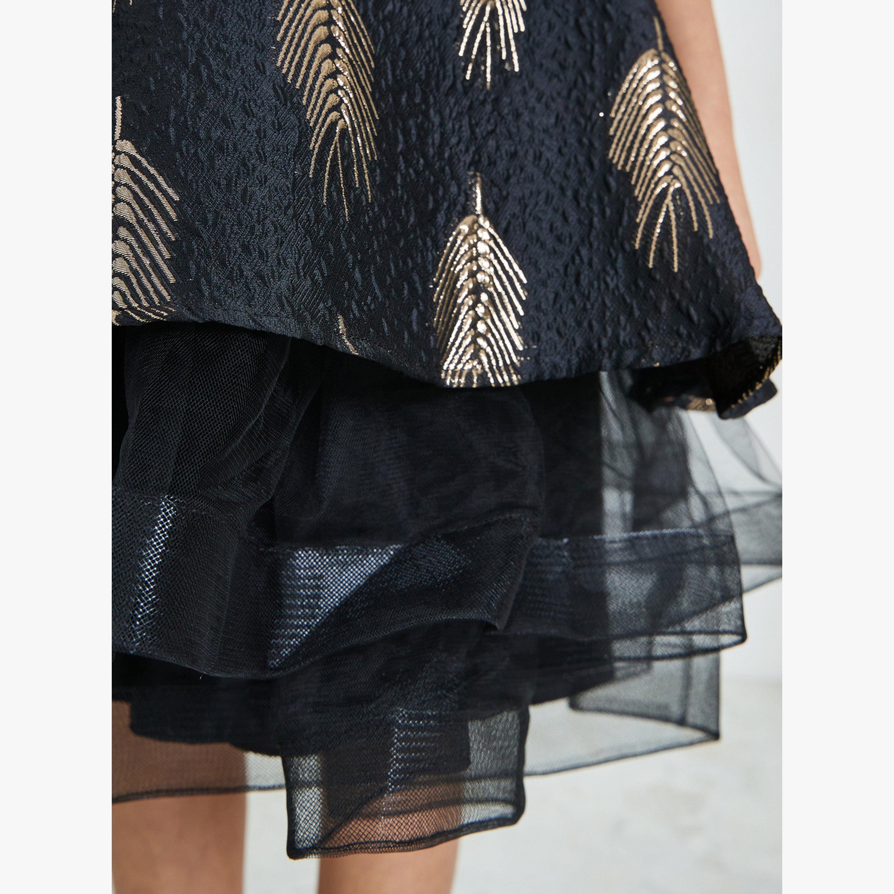 Styli Girls Black Jacquard Puff Sleeve Dress-girls-clothing-dressesandjumpsuits-image-4