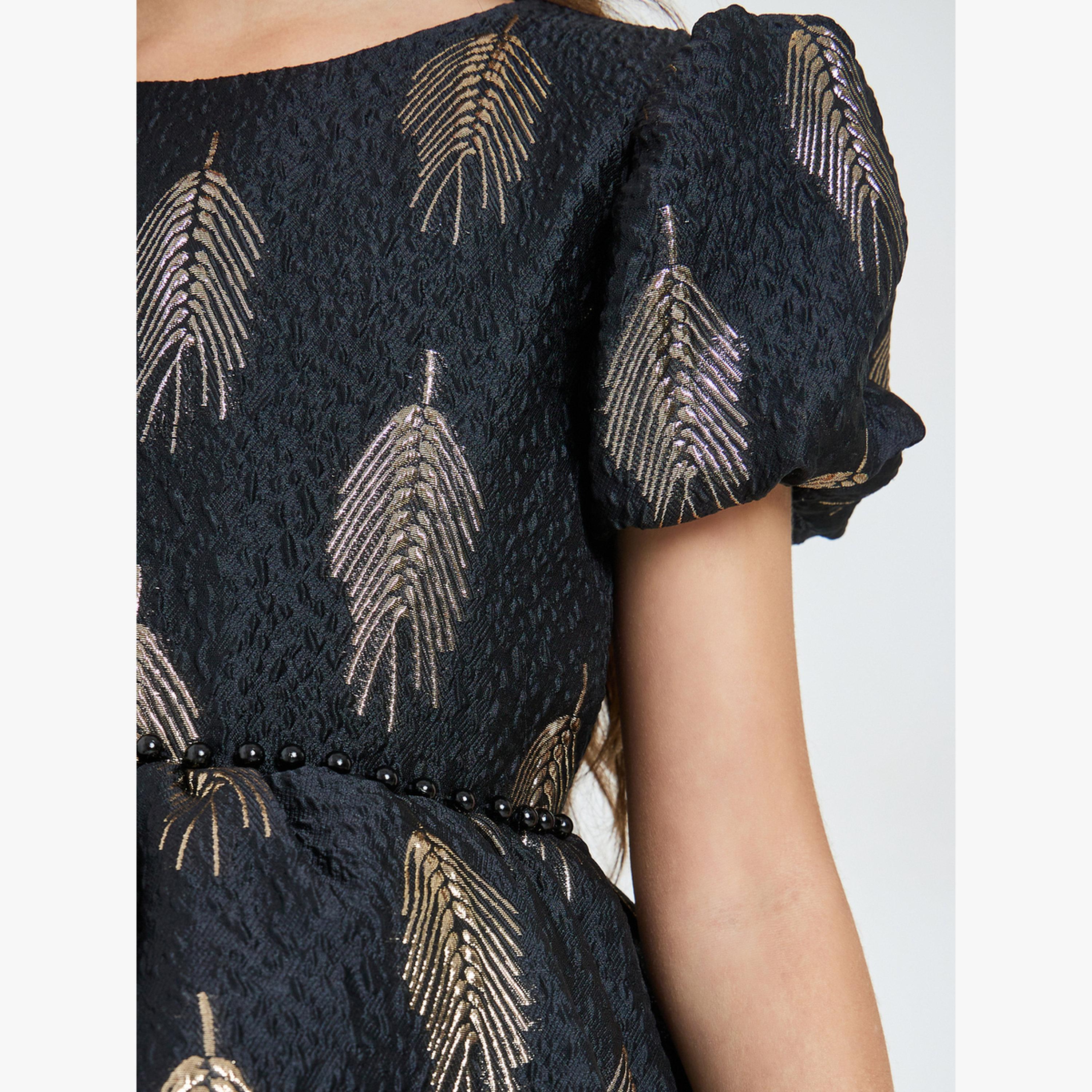 Styli Girls Black Jacquard Puff Sleeve Dress-girls-clothing-dressesandjumpsuits-image-5