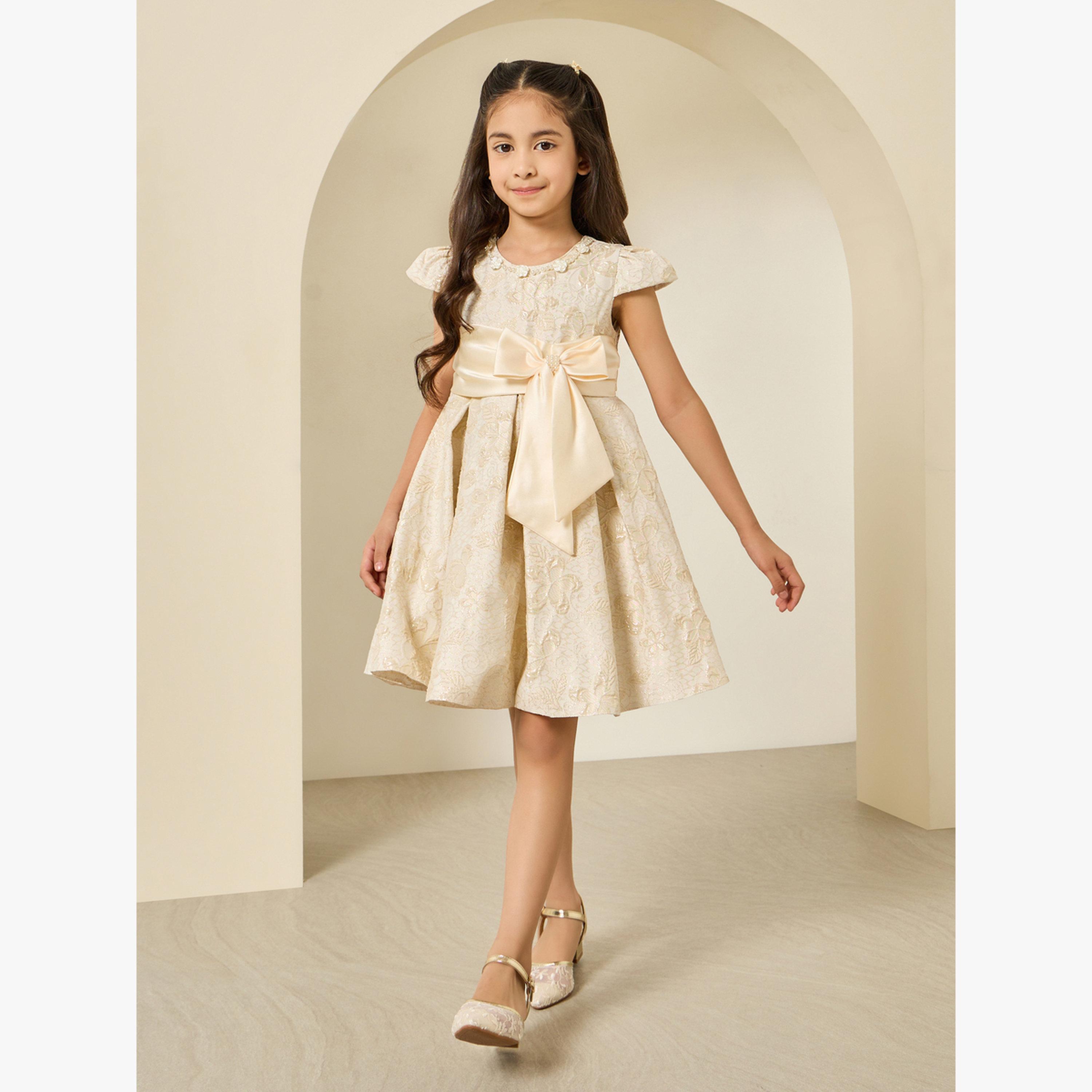Styli Girls Beige Jacquard Pleated Dress-girls-clothing-dressesandjumpsuits-image-2