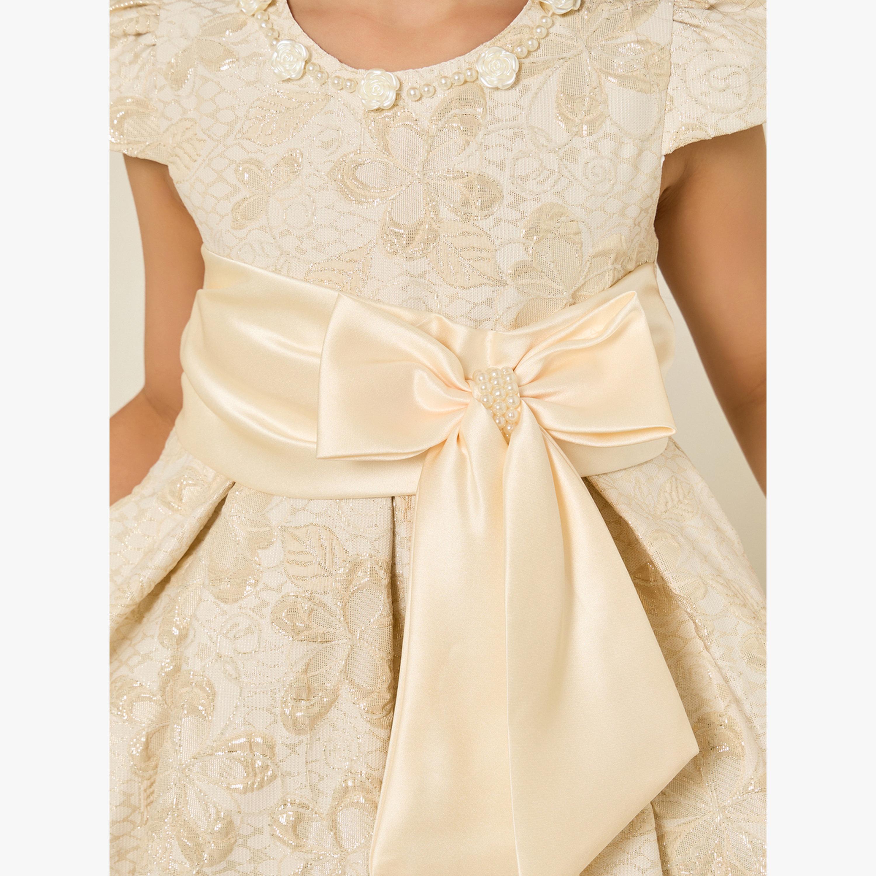 Styli Girls Beige Jacquard Pleated Dress-girls-clothing-dressesandjumpsuits-image-4