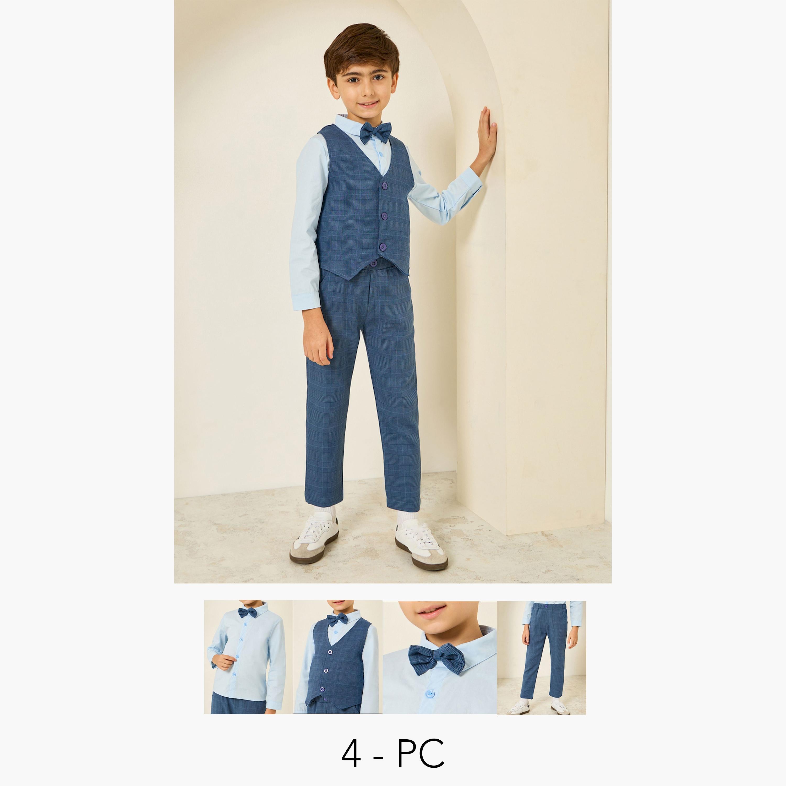 Styli Boys Blue Shirt with Waistcoat and Trousers with Bow Set-boys-clothing-setsandcoords-image-1