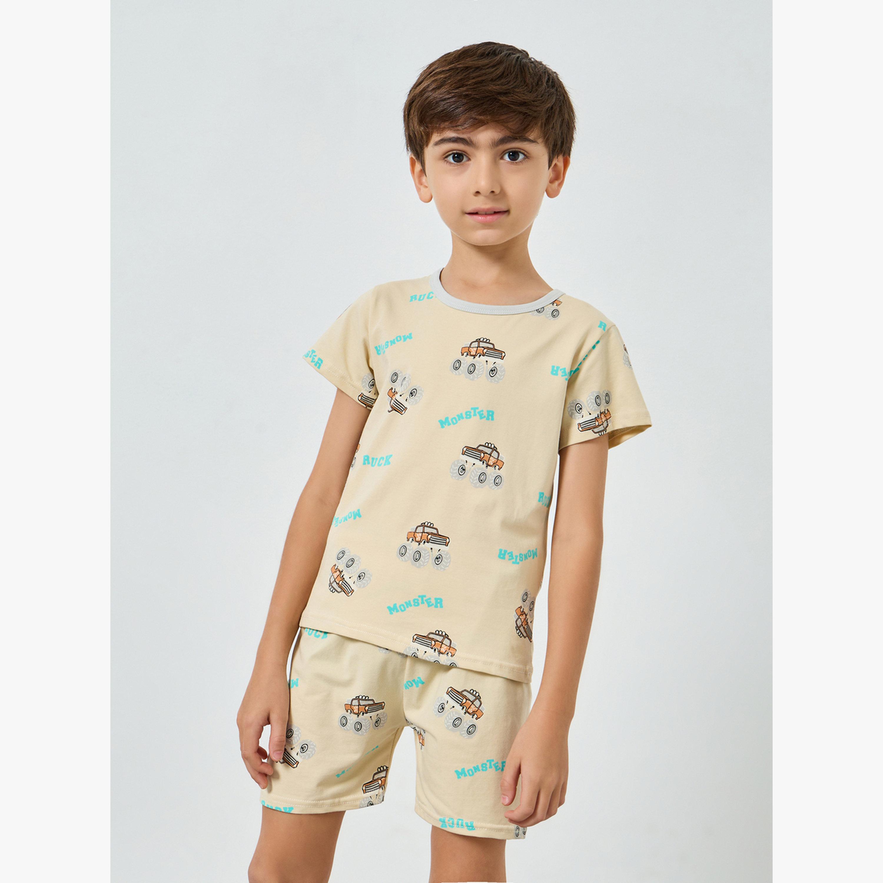 Styli Boys Beige Monster Truck Print T-Shirt and Shorts Pyjama Set-boys-clothing-nightwear-image-1