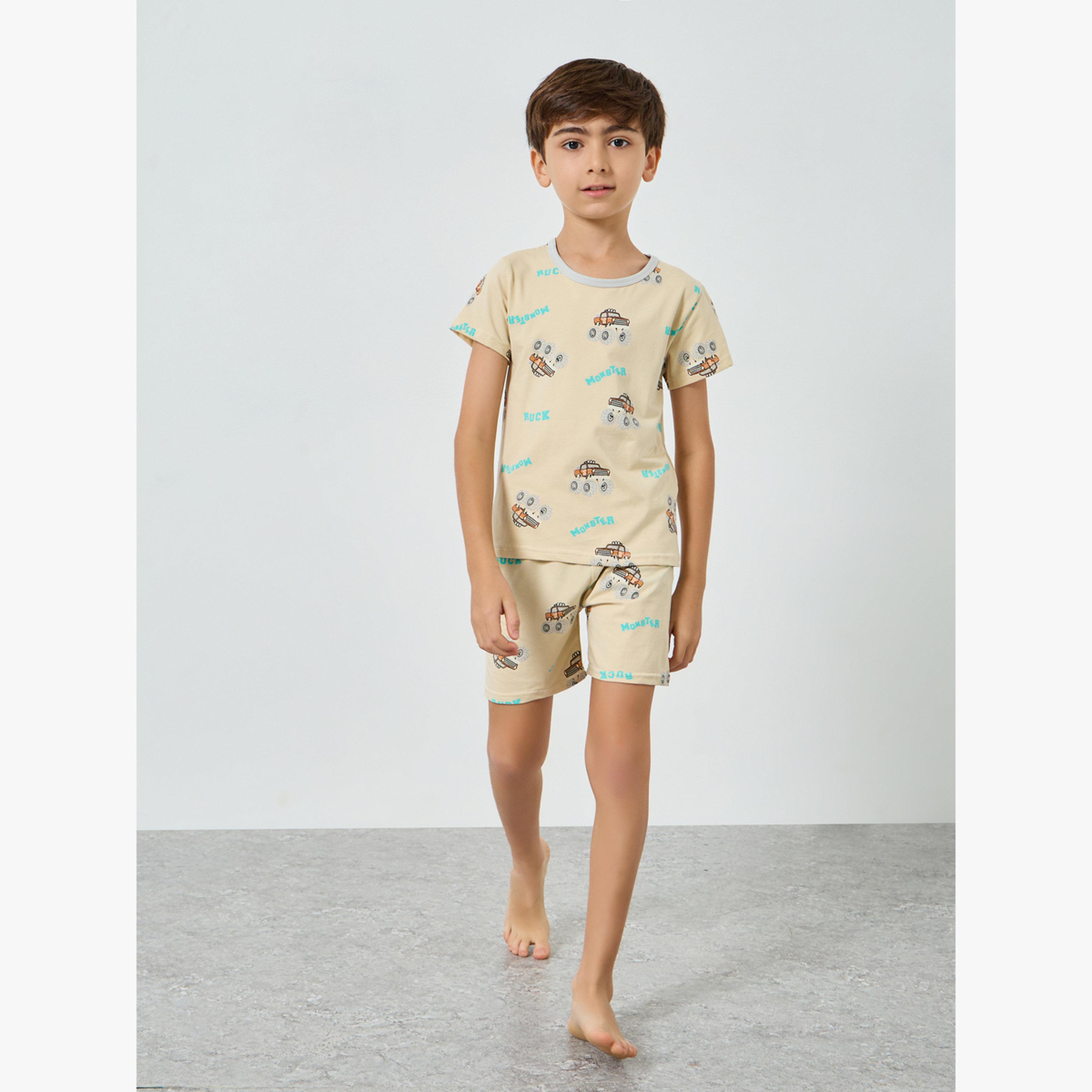 Styli Boys Beige Monster Truck Print T-Shirt and Shorts Pyjama Set-boys-clothing-nightwear-image-2