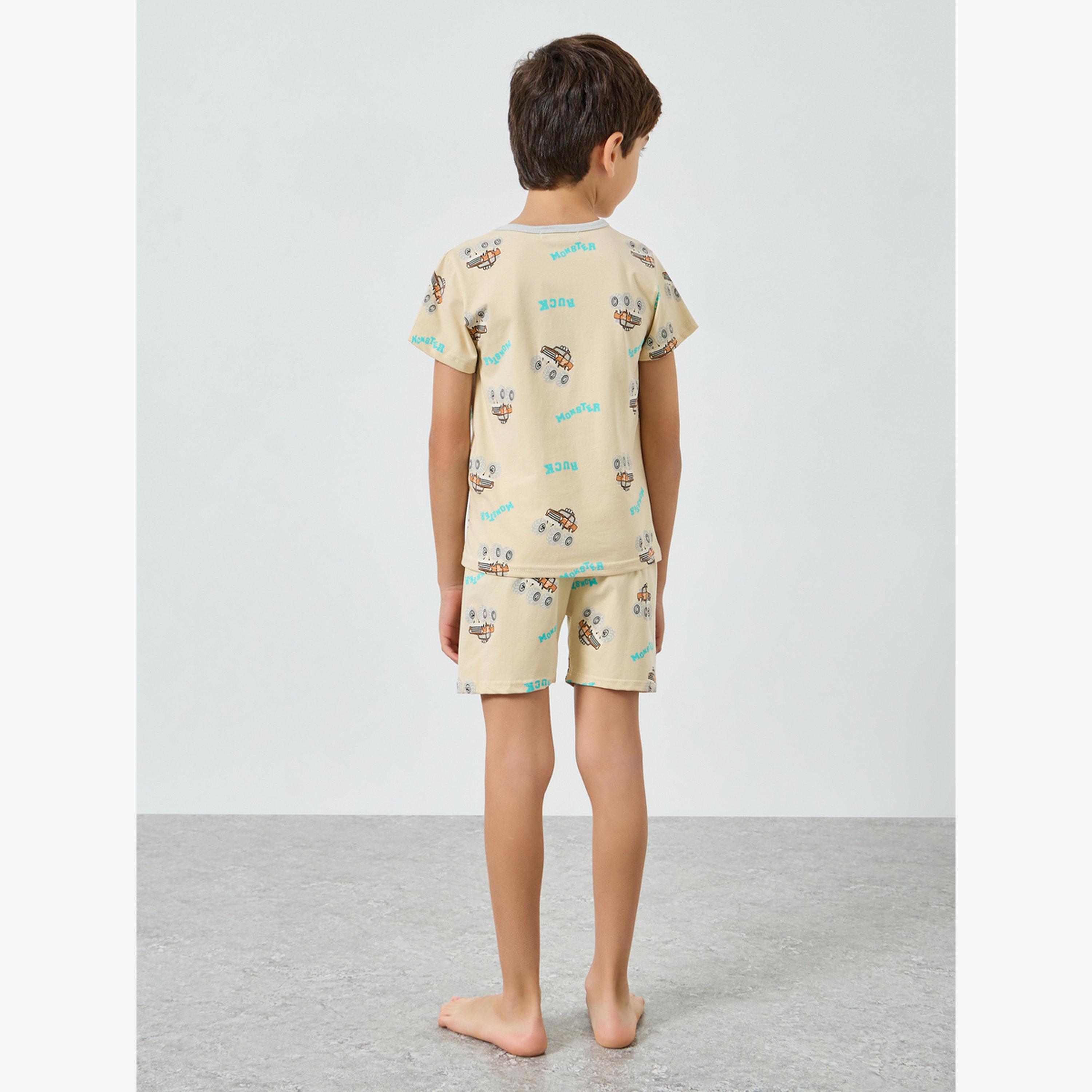 Styli Boys Beige Monster Truck Print T-Shirt and Shorts Pyjama Set-boys-clothing-nightwear-image-3