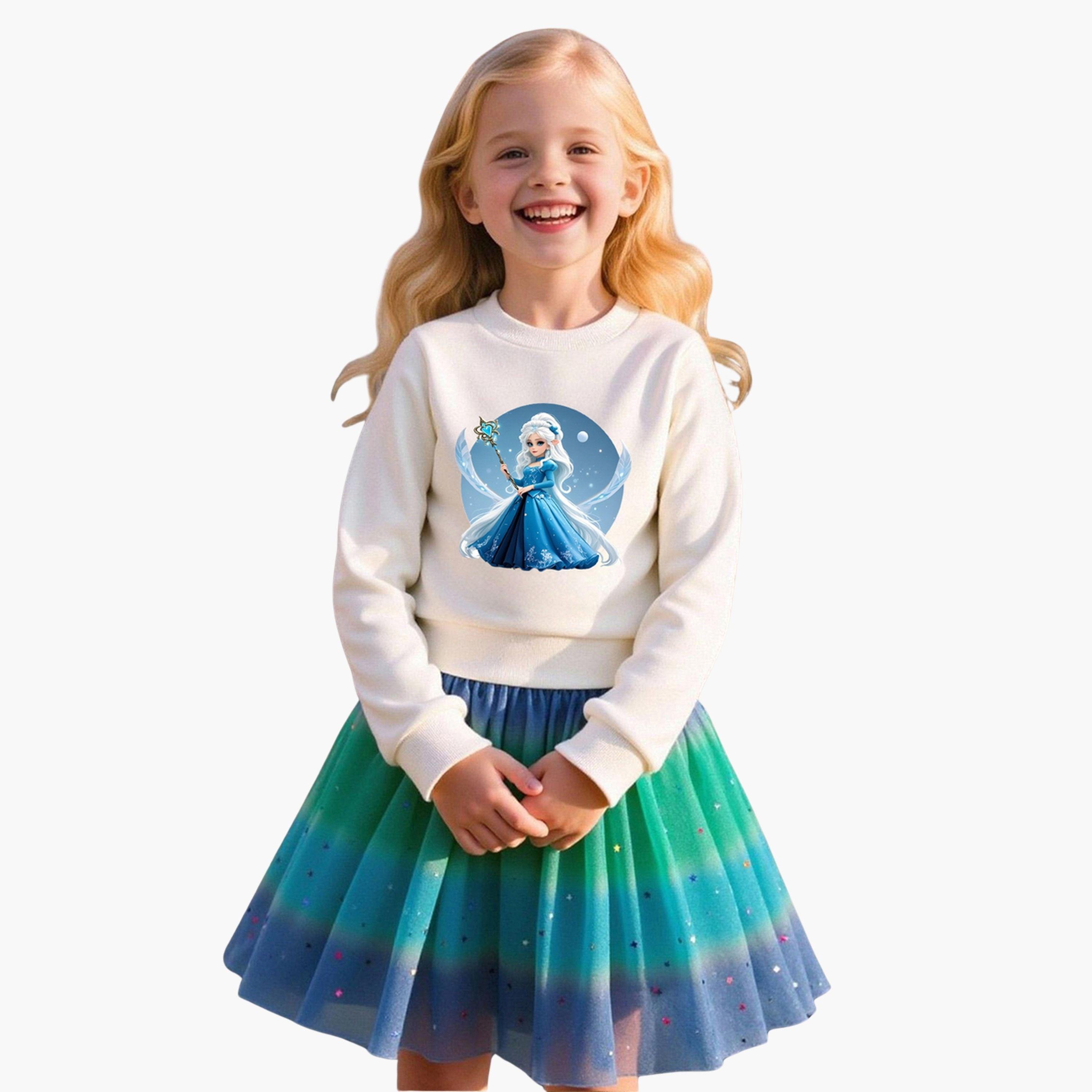 طقم سويت شيرت بناتي بطبعة أميرة مع تنورة-girls-clothing-setsandcoords-image-1