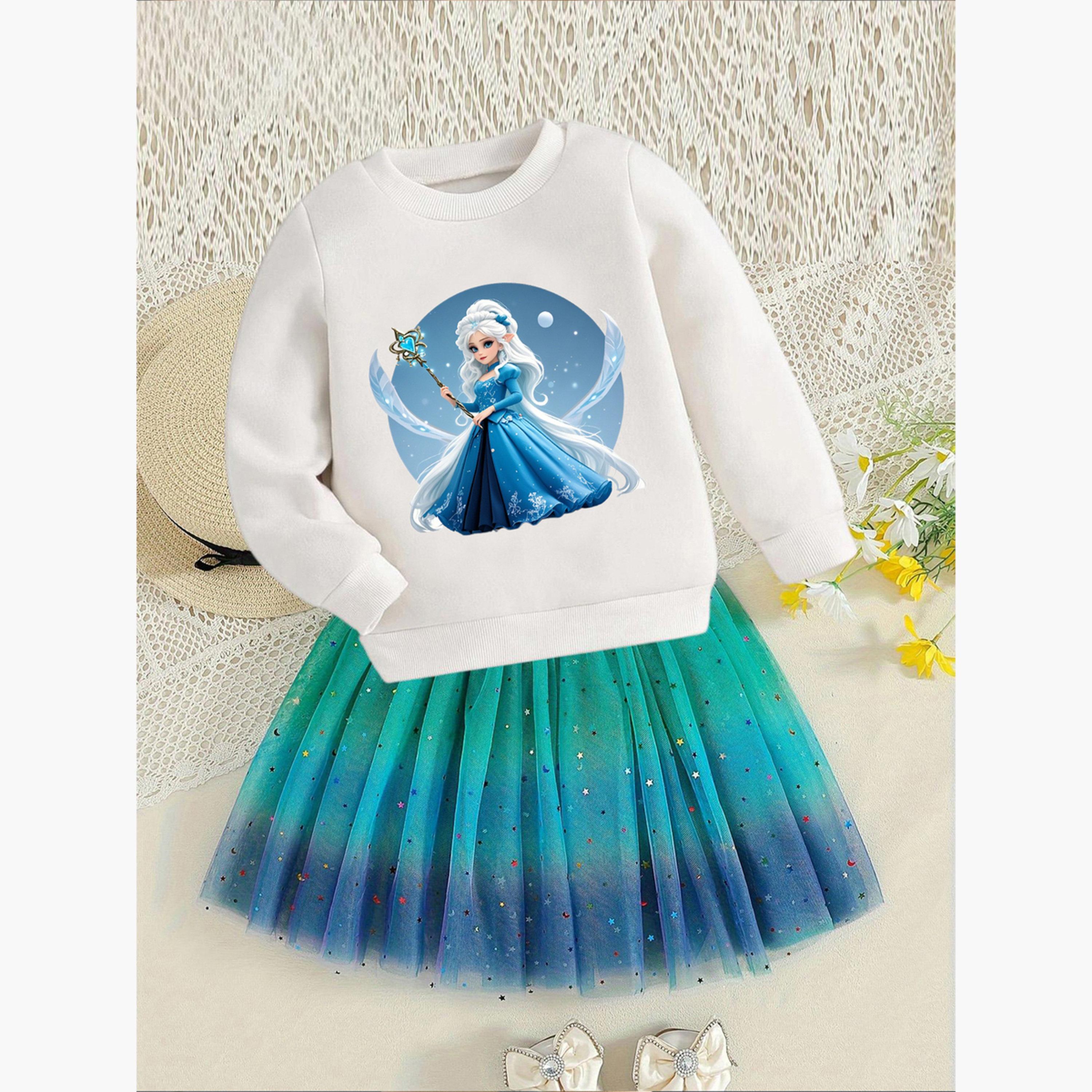 طقم سويت شيرت بناتي بطبعة أميرة مع تنورة-girls-clothing-setsandcoords-image-3
