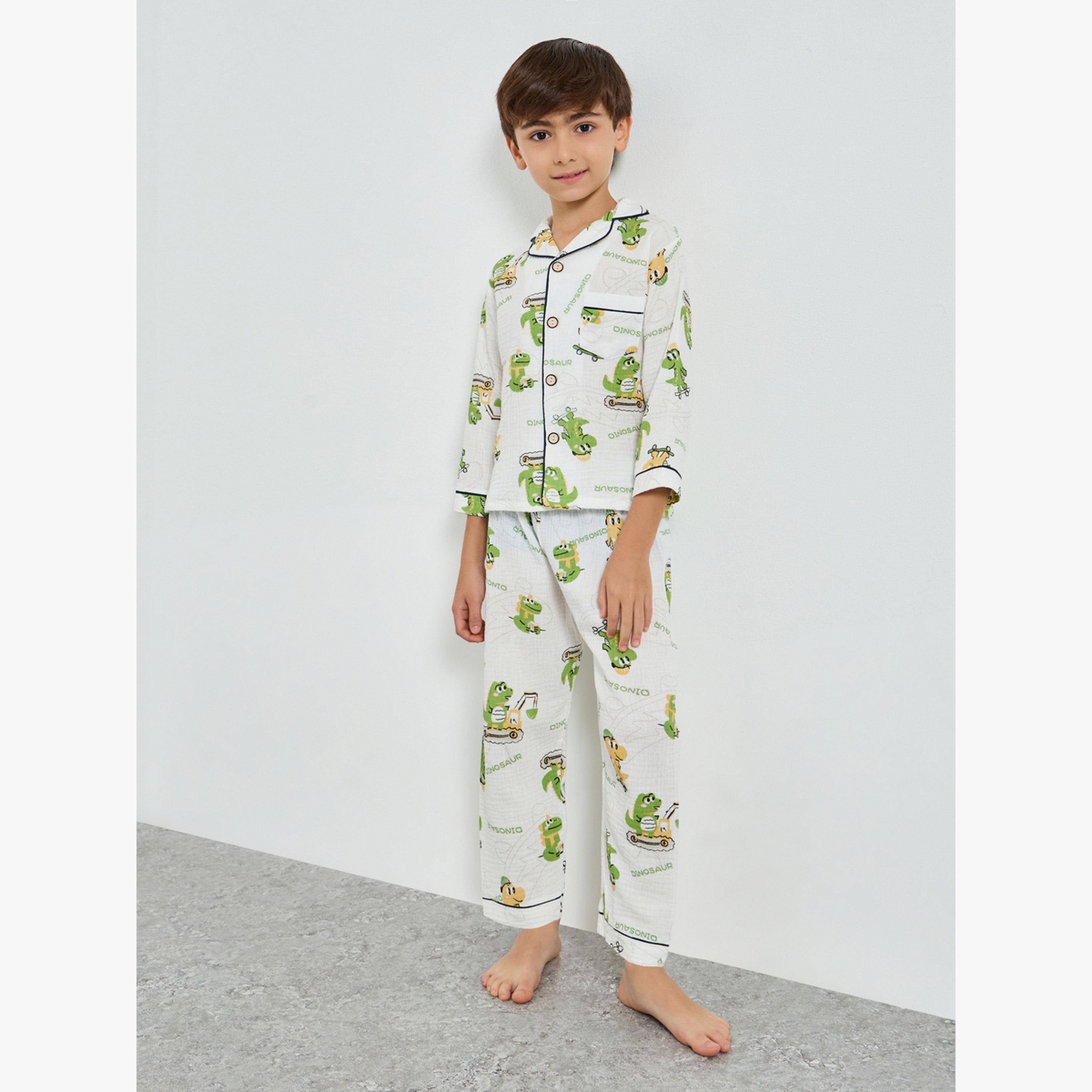 Styli Boys Dino Print Button Front Shirt and Pjyama Set-boys-clothing-nightwear-image-1