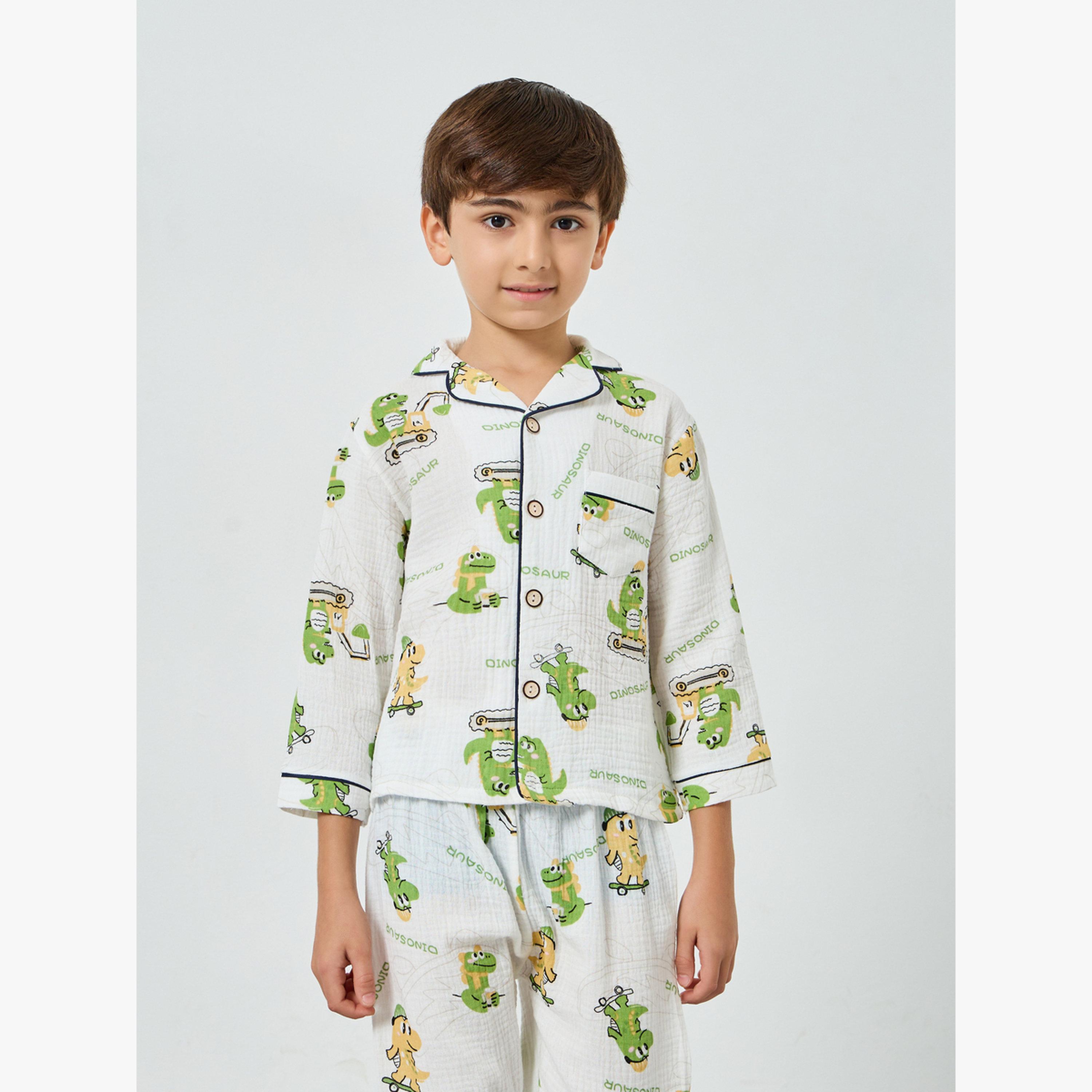 Styli Boys Dino Print Button Front Shirt and Pjyama Set-boys-clothing-nightwear-image-2