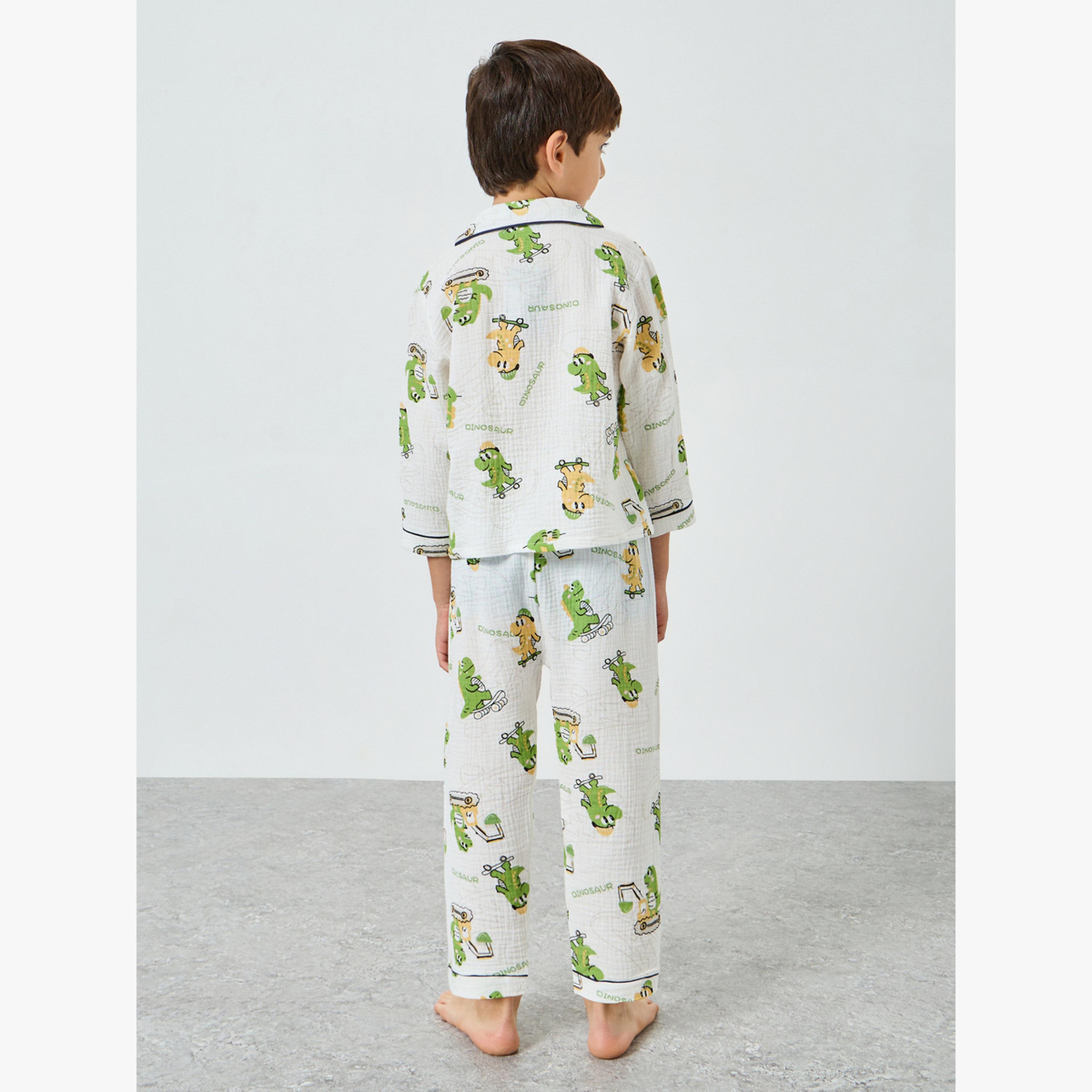 Styli Boys Dino Print Button Front Shirt and Pjyama Set-boys-clothing-nightwear-image-3