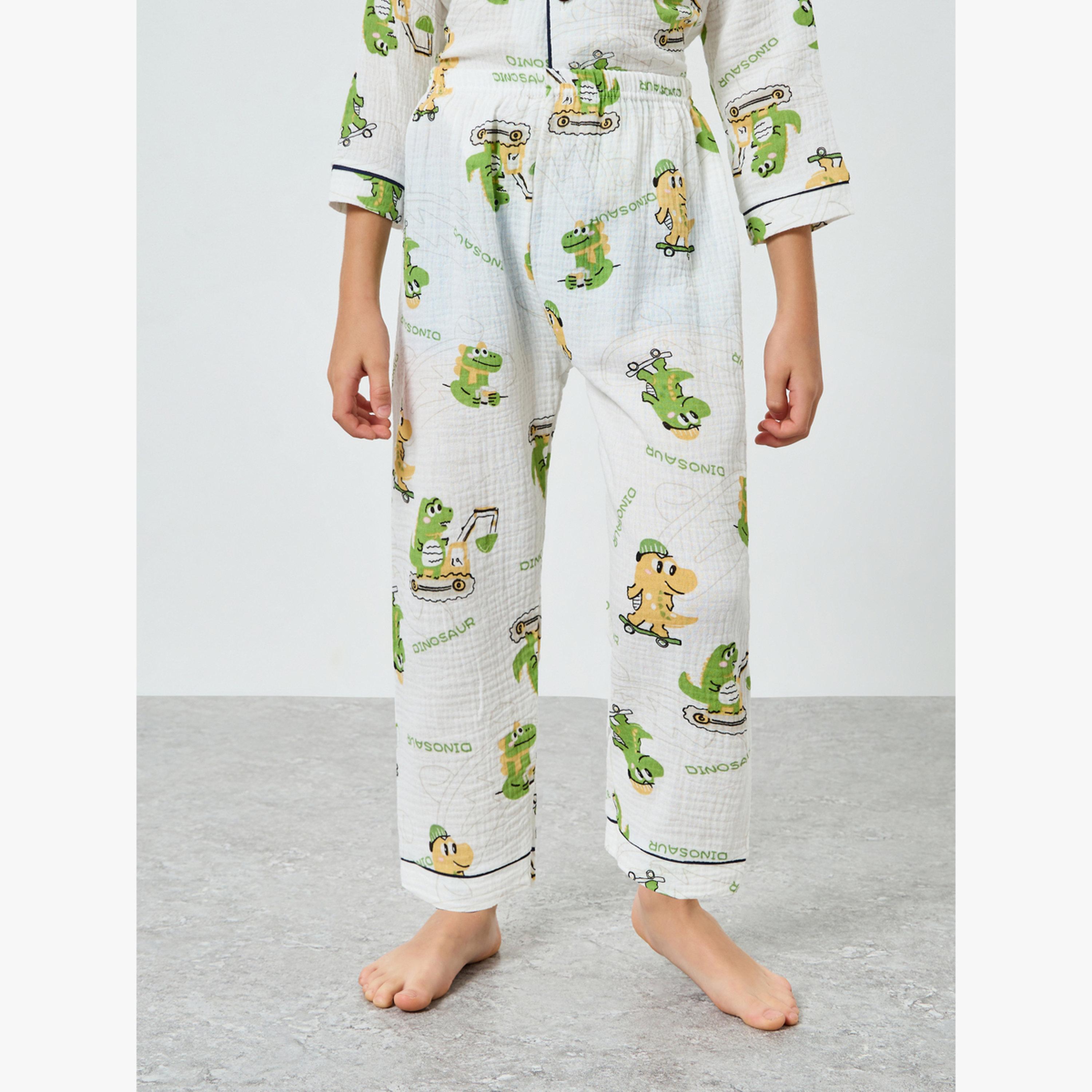 Styli Boys Dino Print Button Front Shirt and Pjyama Set-boys-clothing-nightwear-image-4
