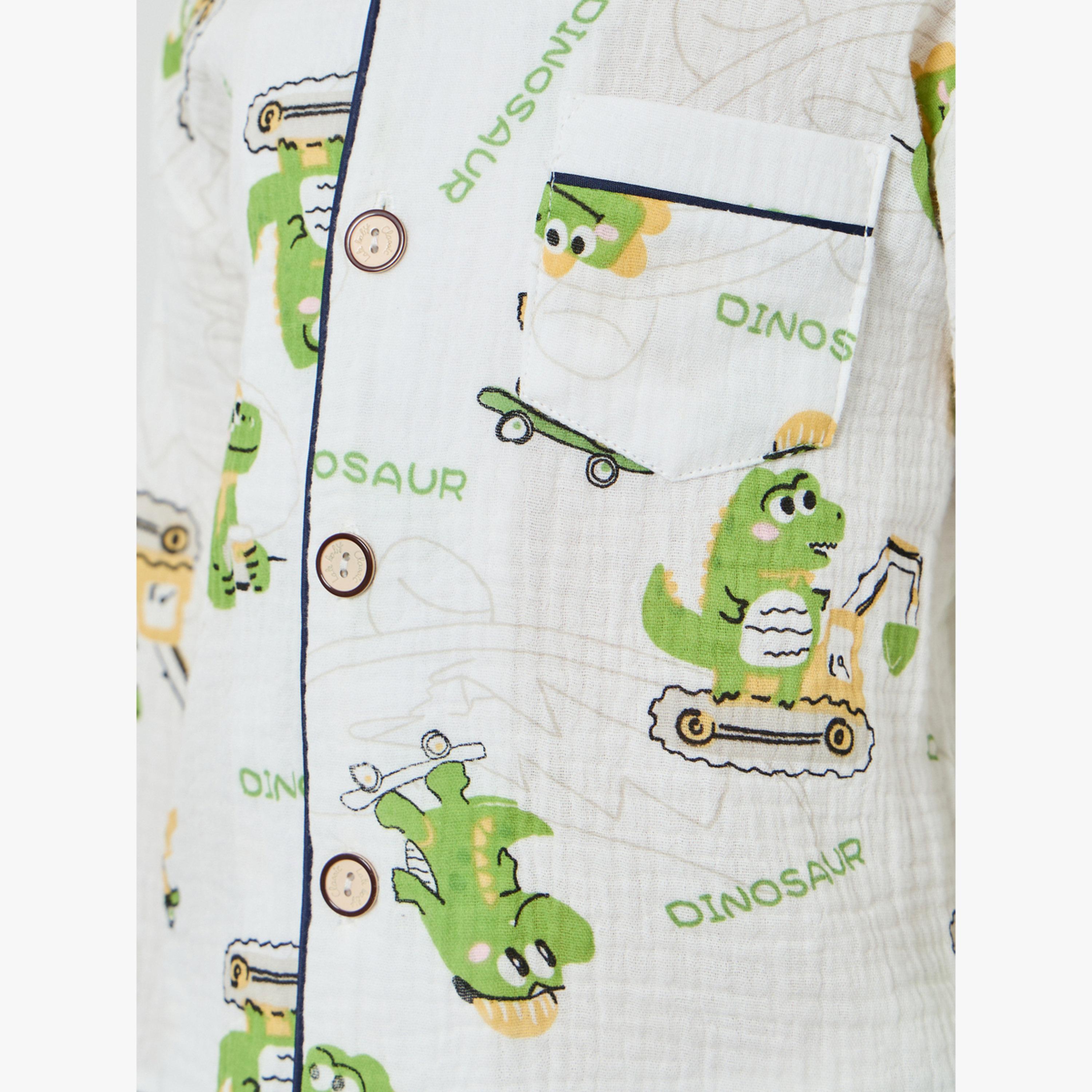 Styli Boys Dino Print Button Front Shirt and Pjyama Set-boys-clothing-nightwear-image-5