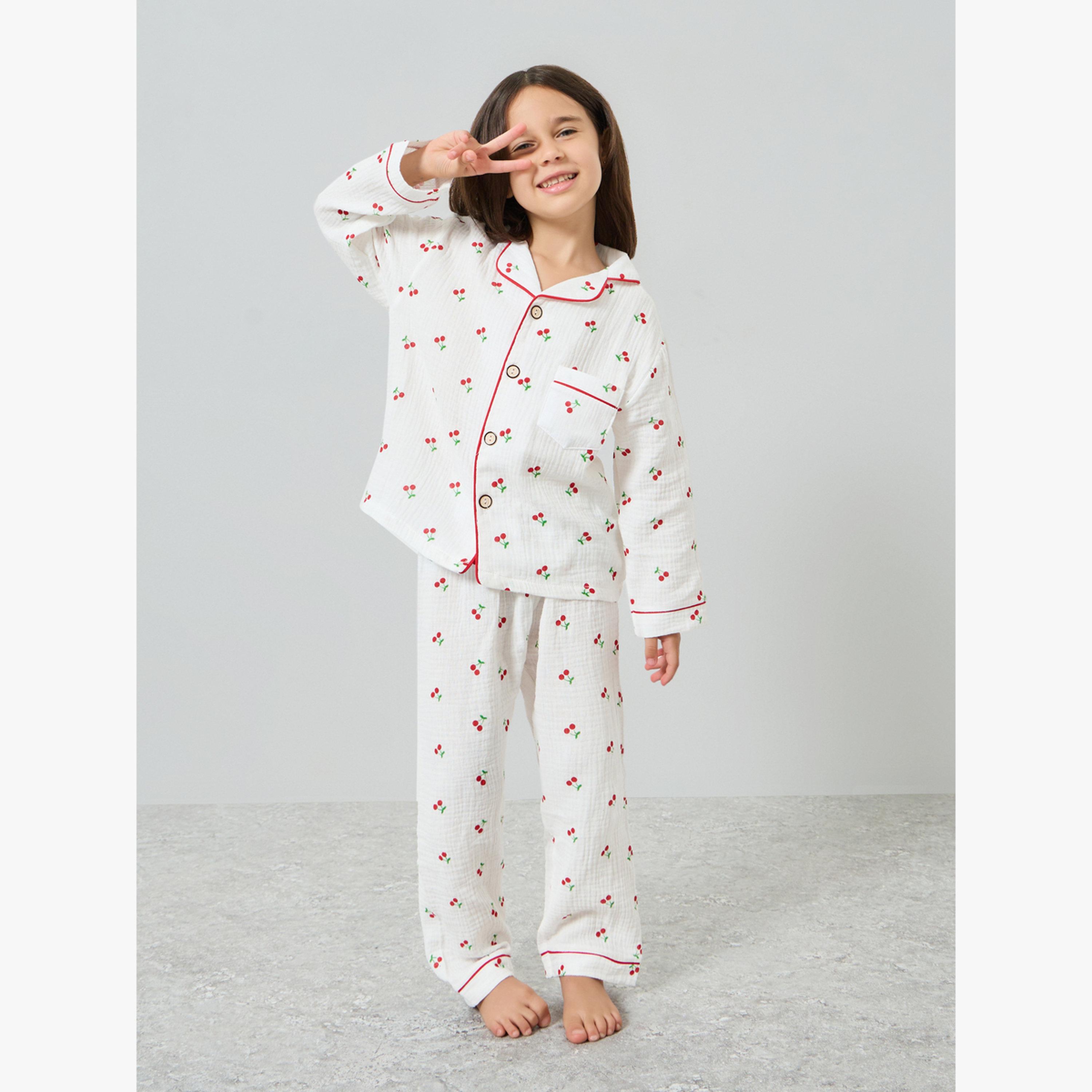 Styli Girls Cherry Print Shirt and Pyjama Set-girls-clothing-nightwear-image-1