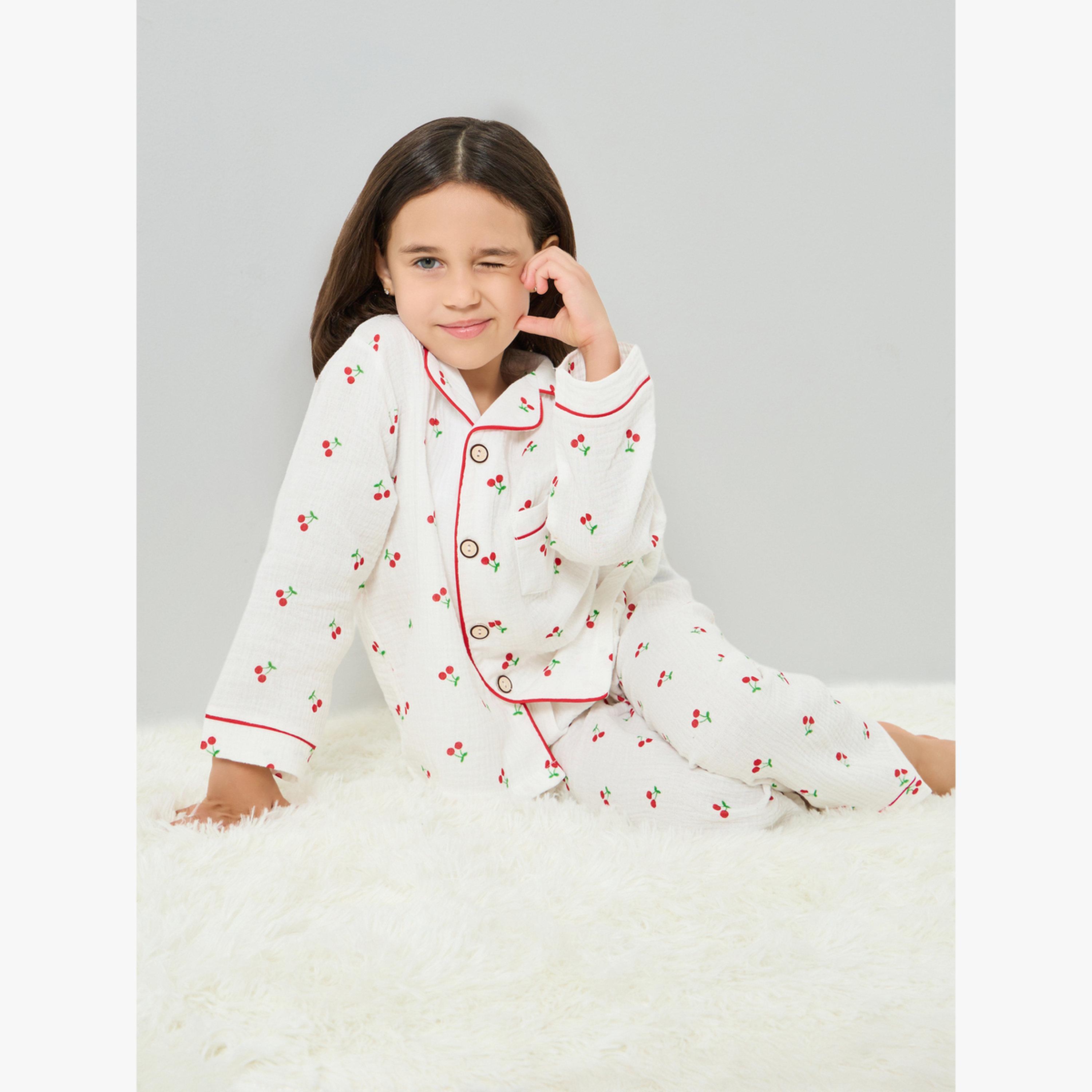 Styli Girls Cherry Print Shirt and Pyjama Set-girls-clothing-nightwear-image-2