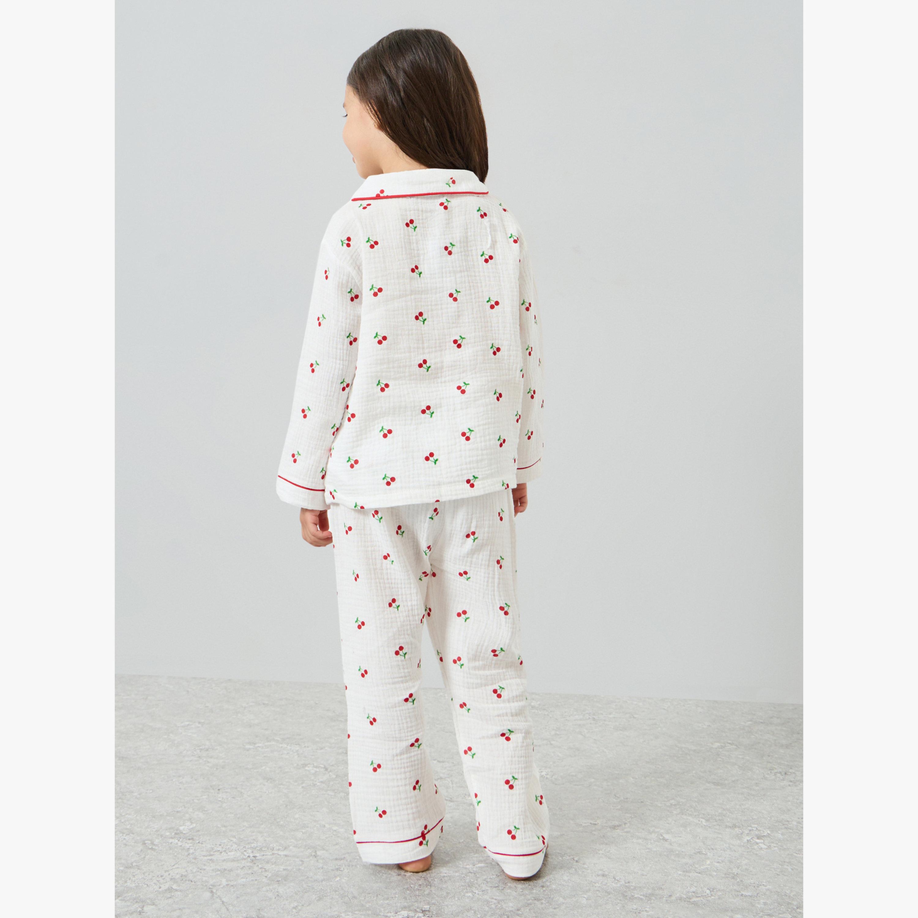 Styli Girls Cherry Print Shirt and Pyjama Set-girls-clothing-nightwear-image-4