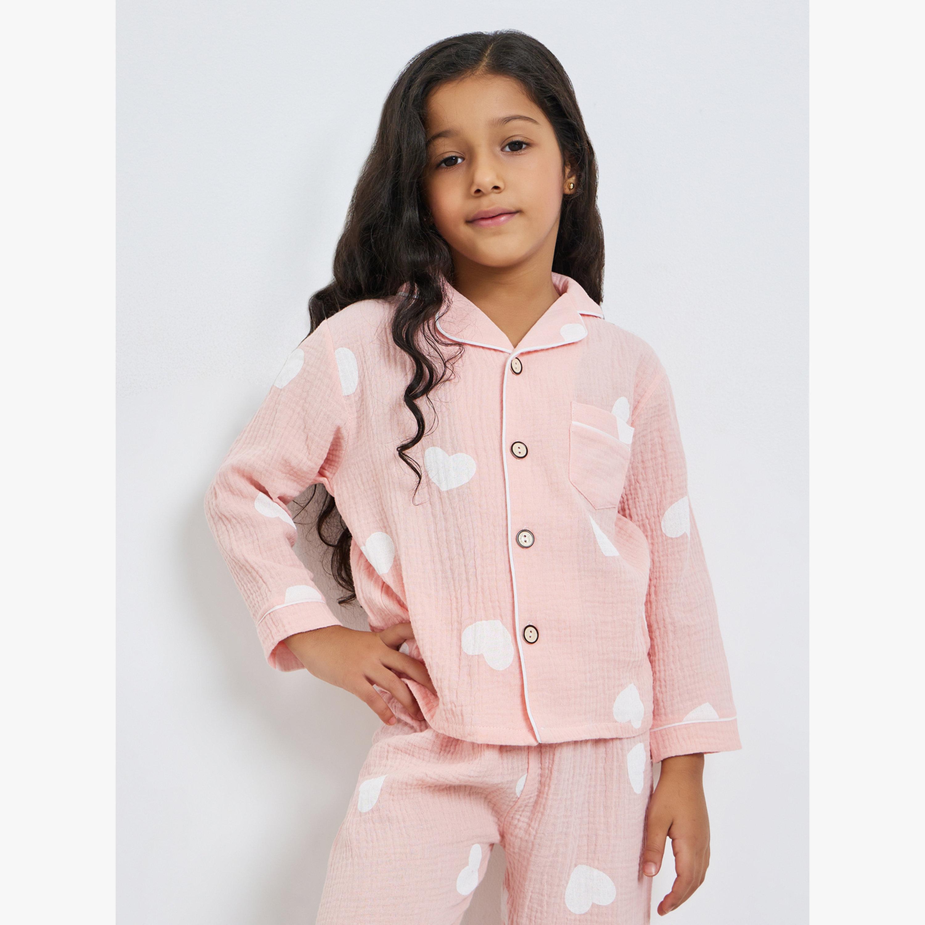 Styli Girls Heart Print Shirt and Pyjama Set-girls-clothing-nightwear-image-2