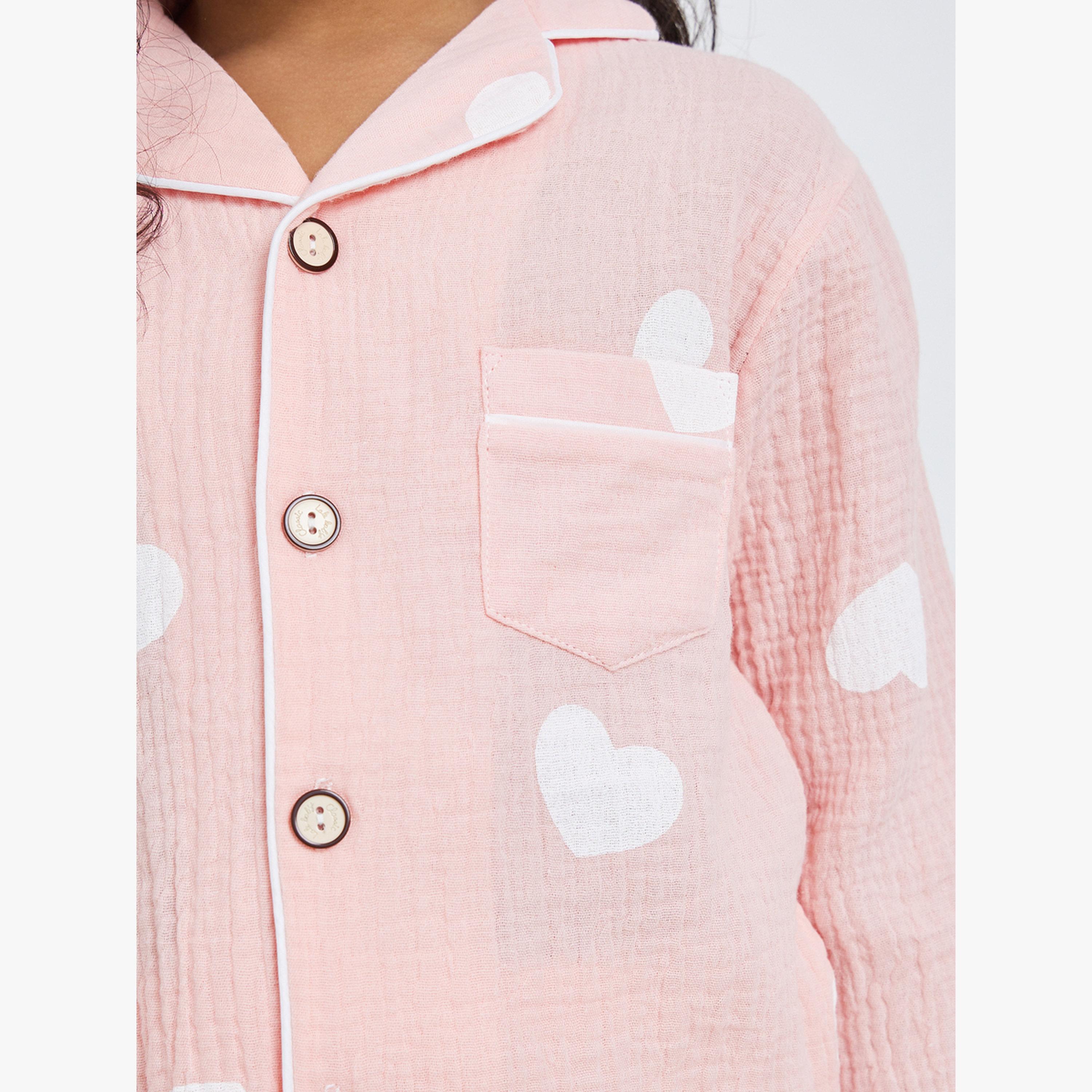 Styli Girls Heart Print Shirt and Pyjama Set-girls-clothing-nightwear-image-5
