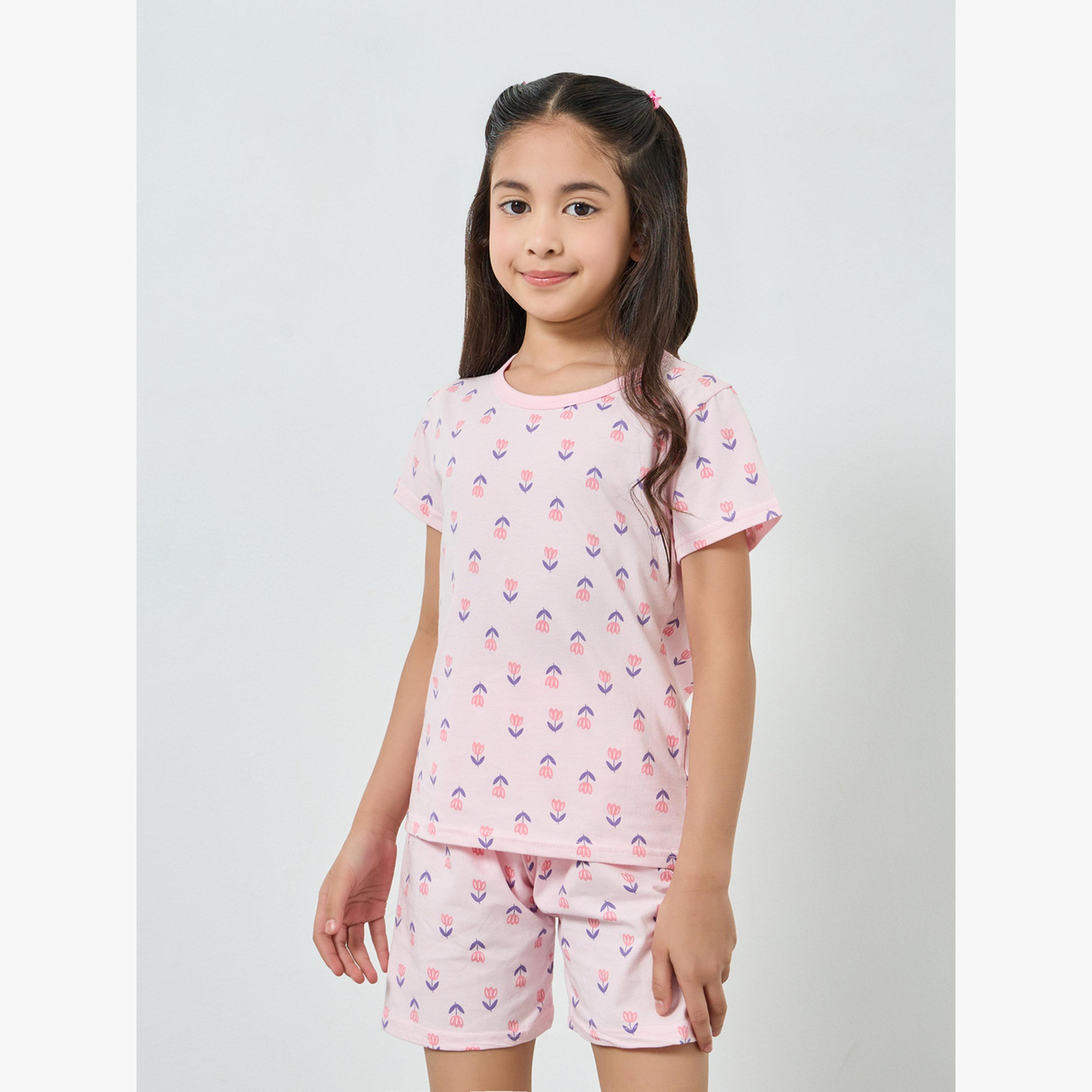 مجموعة من بيجاما شورت وتيشيرت قطن بطبعة زهور-girls-clothing-nightwear-image-1