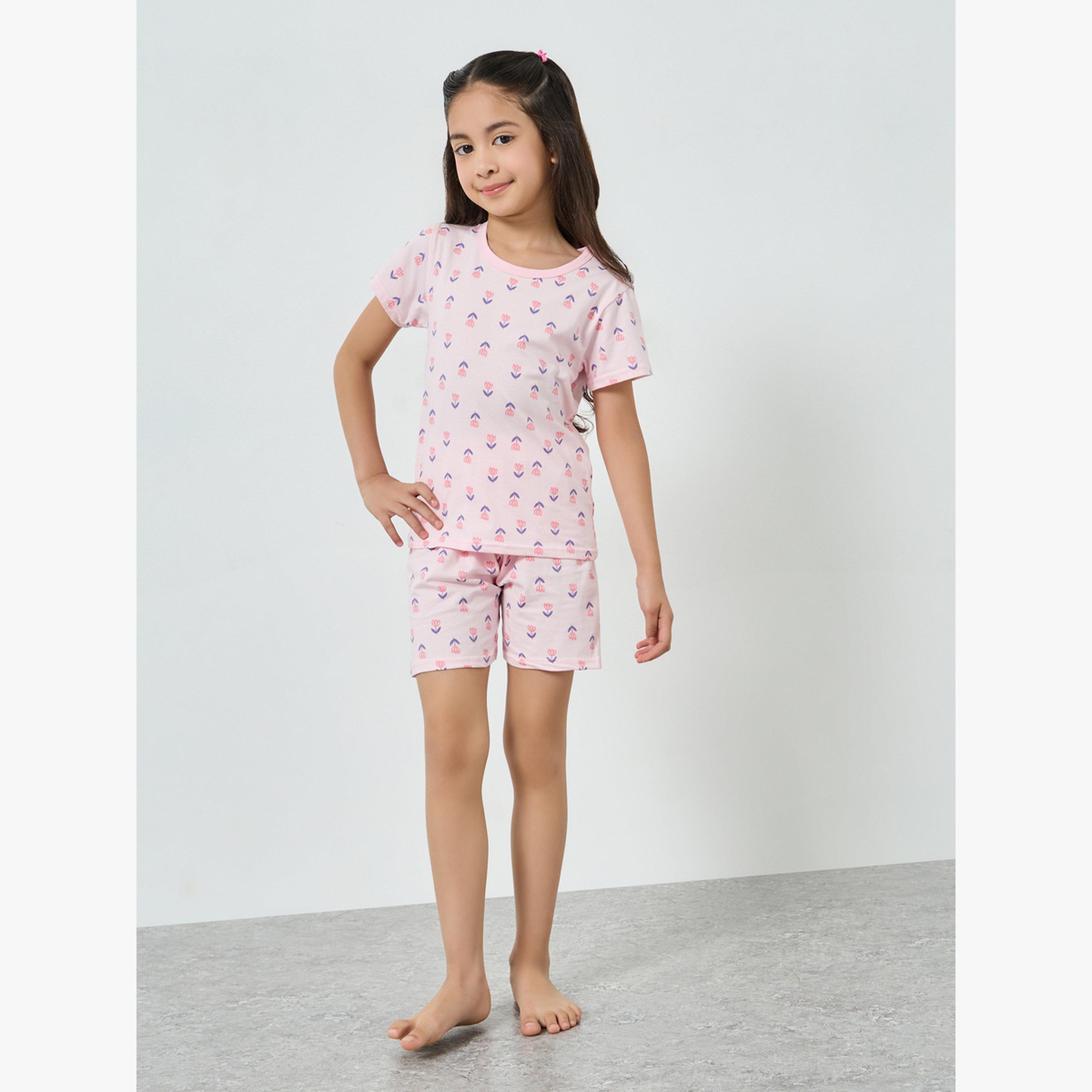 مجموعة من بيجاما شورت وتيشيرت قطن بطبعة زهور-girls-clothing-nightwear-image-2