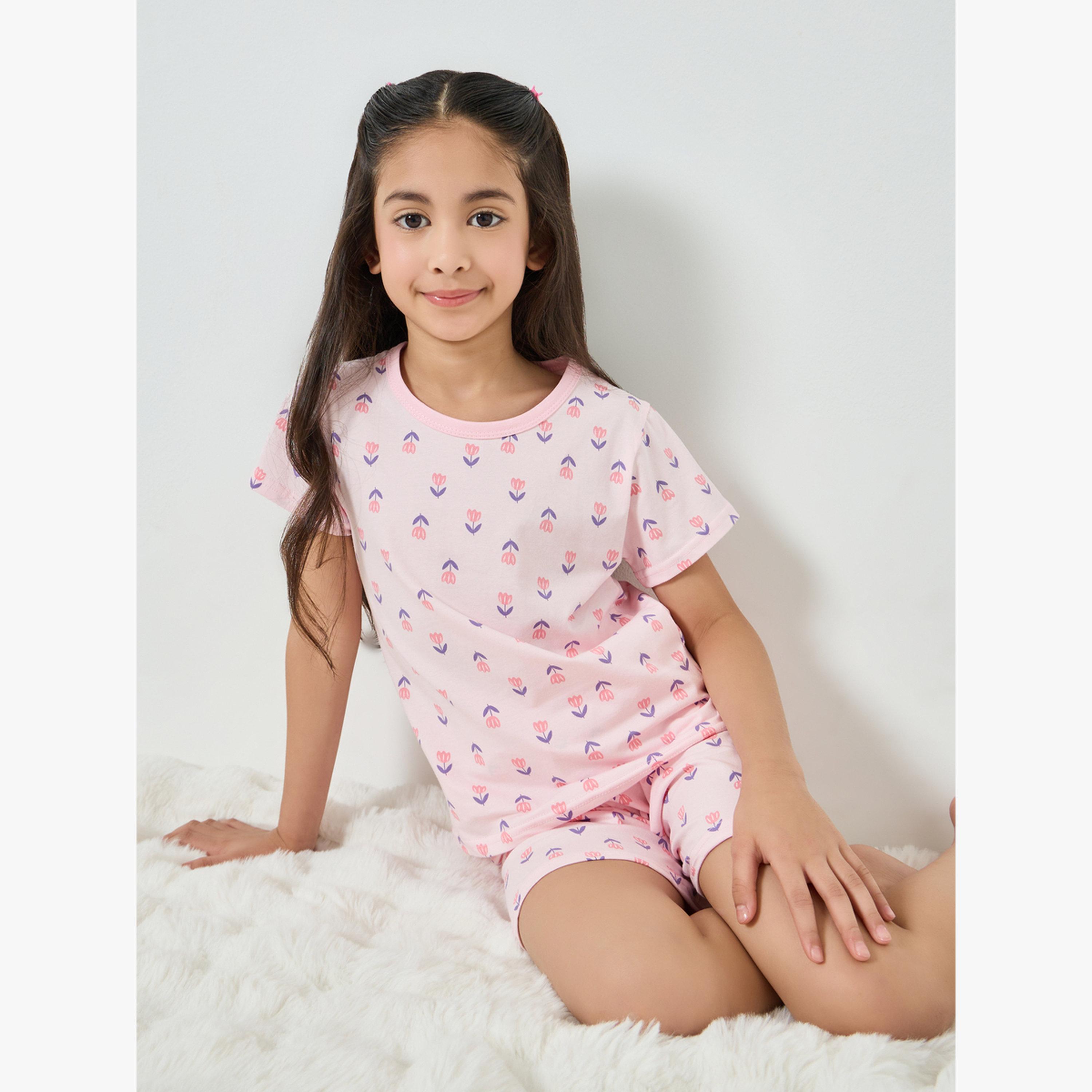 مجموعة من بيجاما شورت وتيشيرت قطن بطبعة زهور-girls-clothing-nightwear-image-3