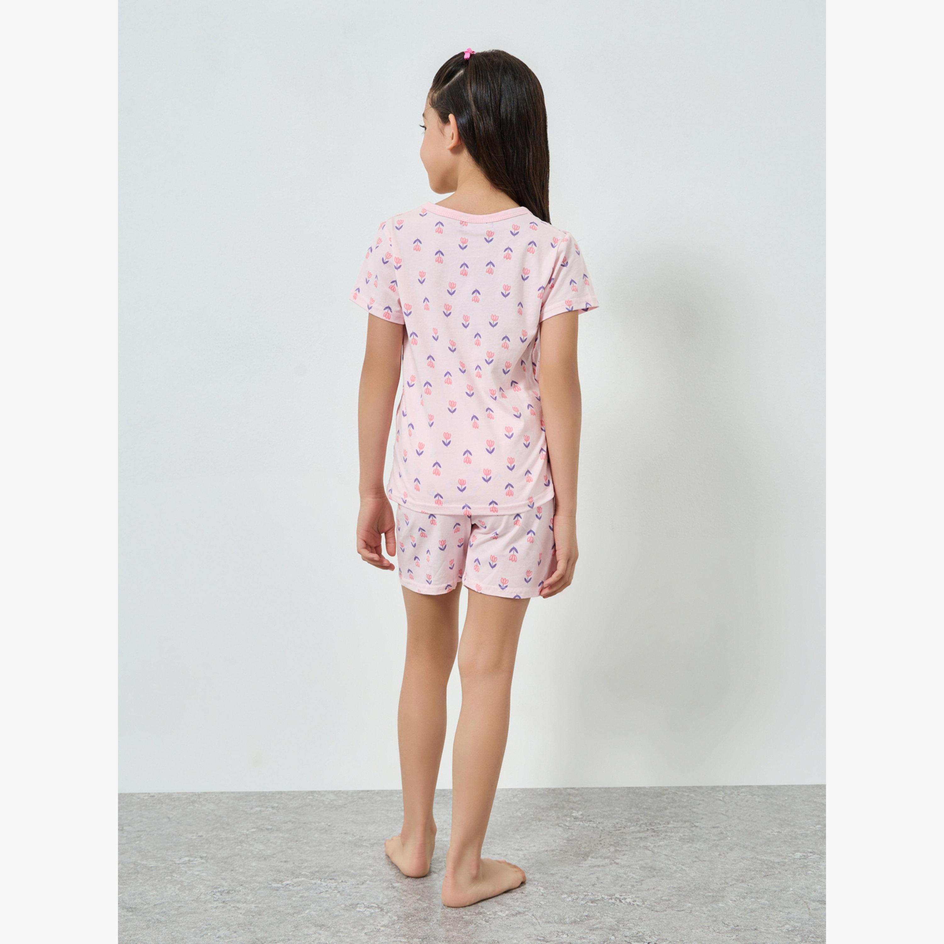 مجموعة من بيجاما شورت وتيشيرت قطن بطبعة زهور-girls-clothing-nightwear-image-4