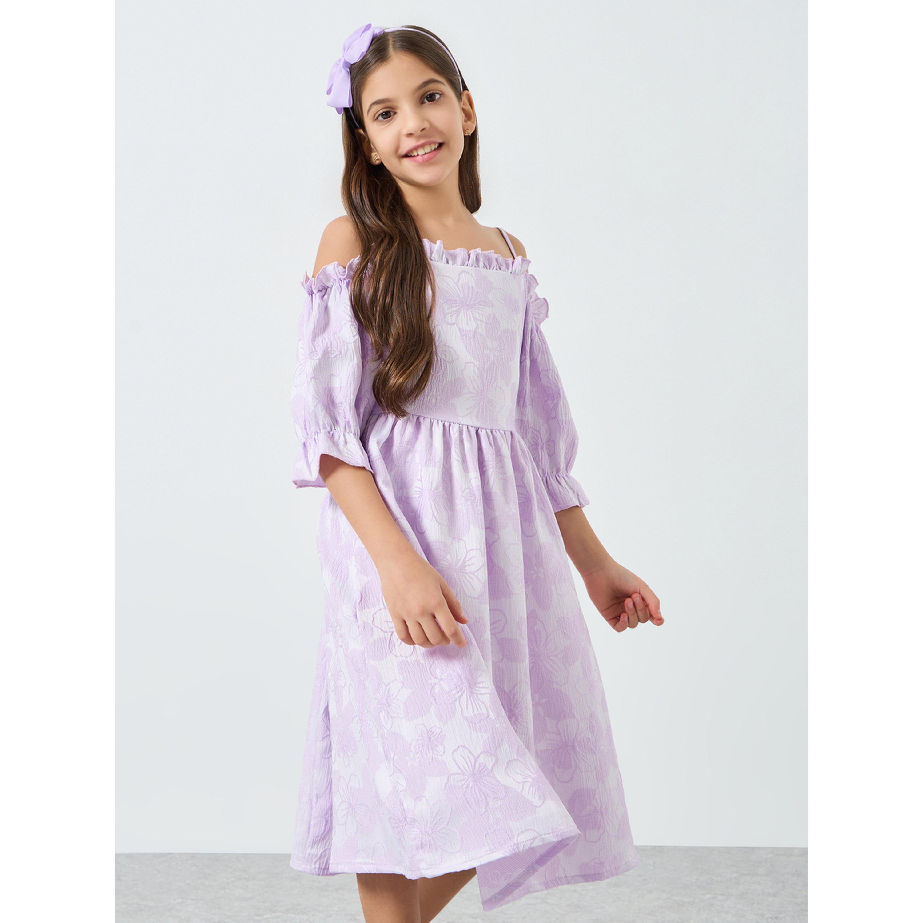 Styli Girls Lilac Floral Cold Shoulder Midi Dress-girls-clothing-dressesandjumpsuits-image-1