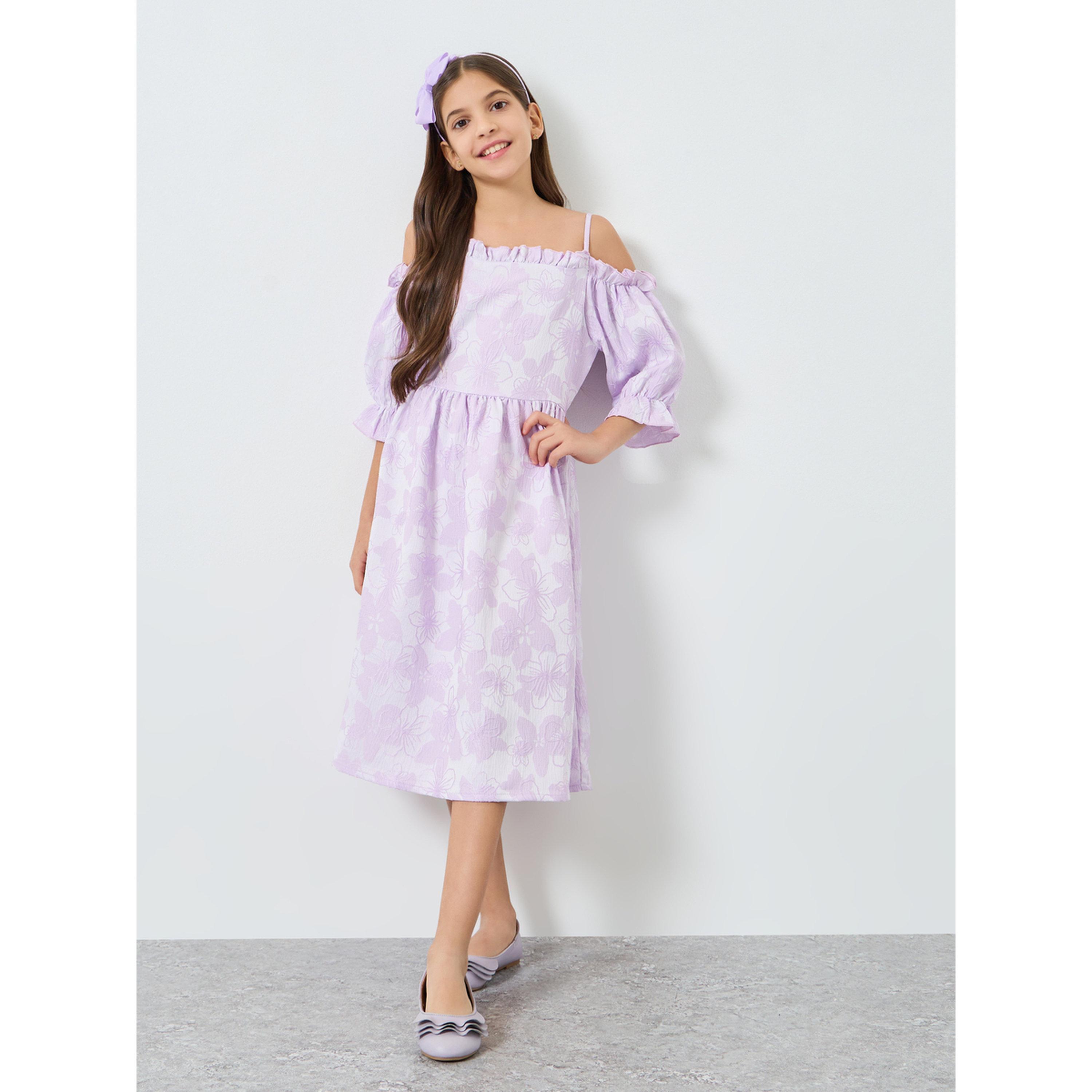 Styli Girls Lilac Floral Cold Shoulder Midi Dress-girls-clothing-dressesandjumpsuits-image-2