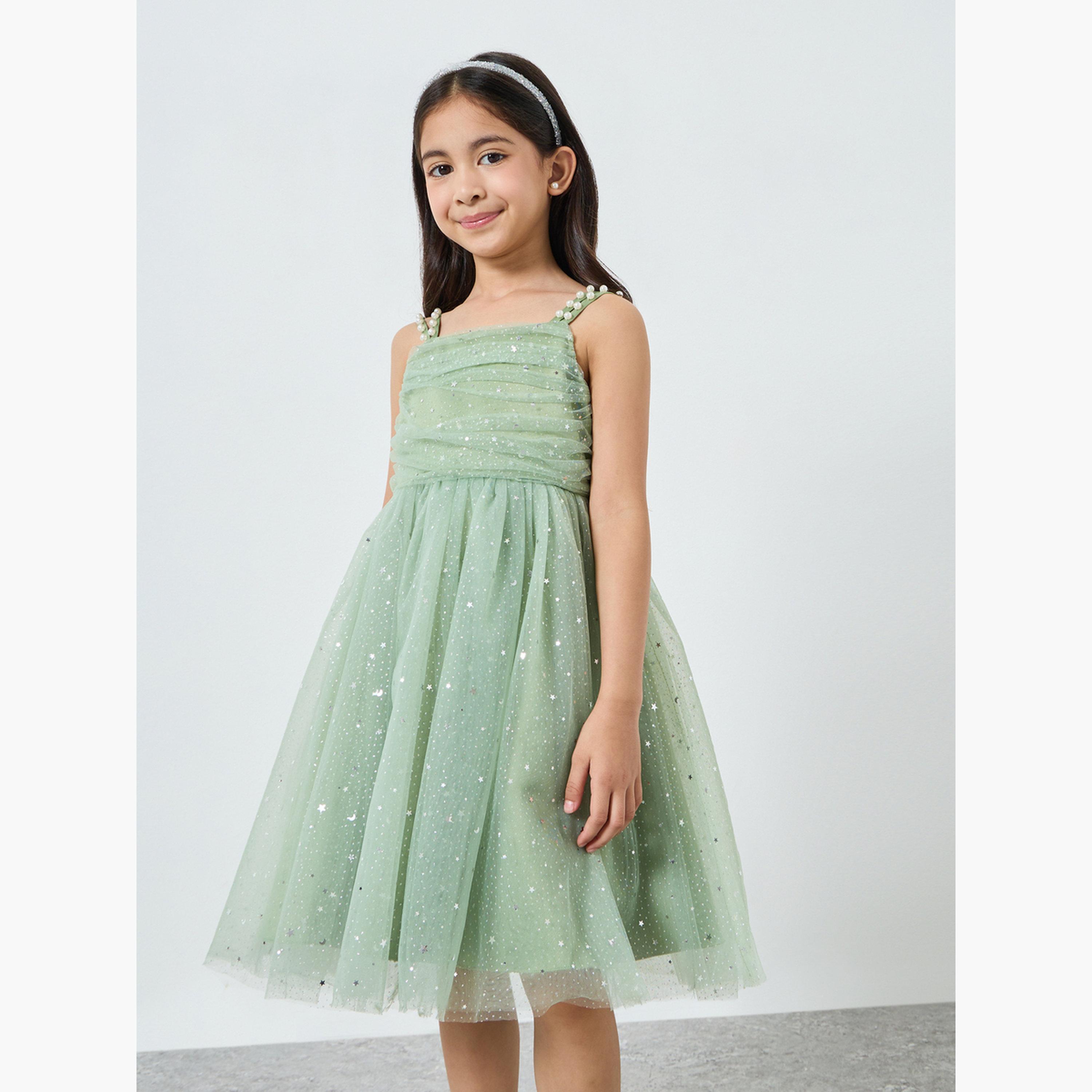 Take Two Girls Green Embellished Strappy Mesh Midi Dress-girls-clothing-dressesandjumpsuits-image-1
