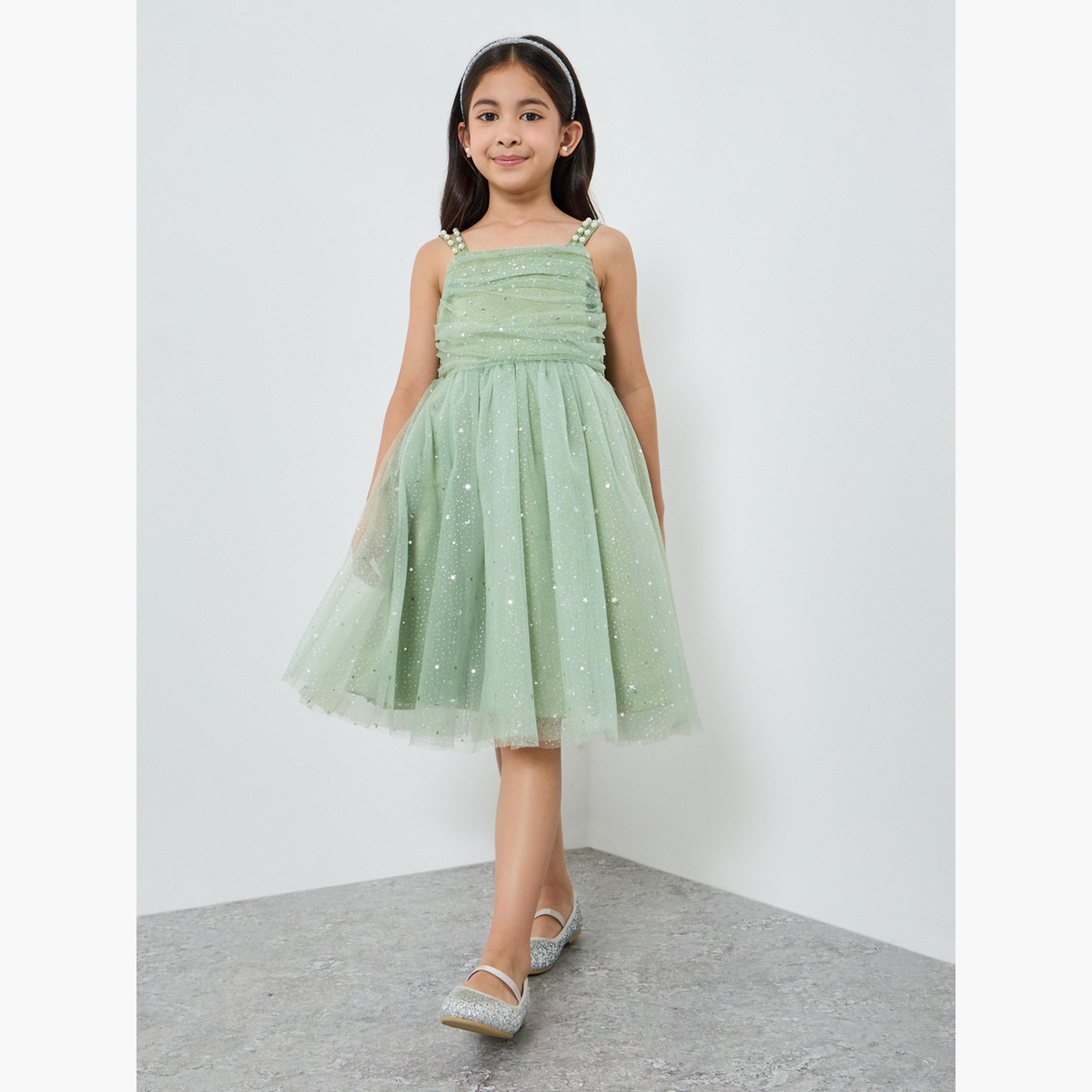 Take Two Girls Green Embellished Strappy Mesh Midi Dress-girls-clothing-dressesandjumpsuits-image-2