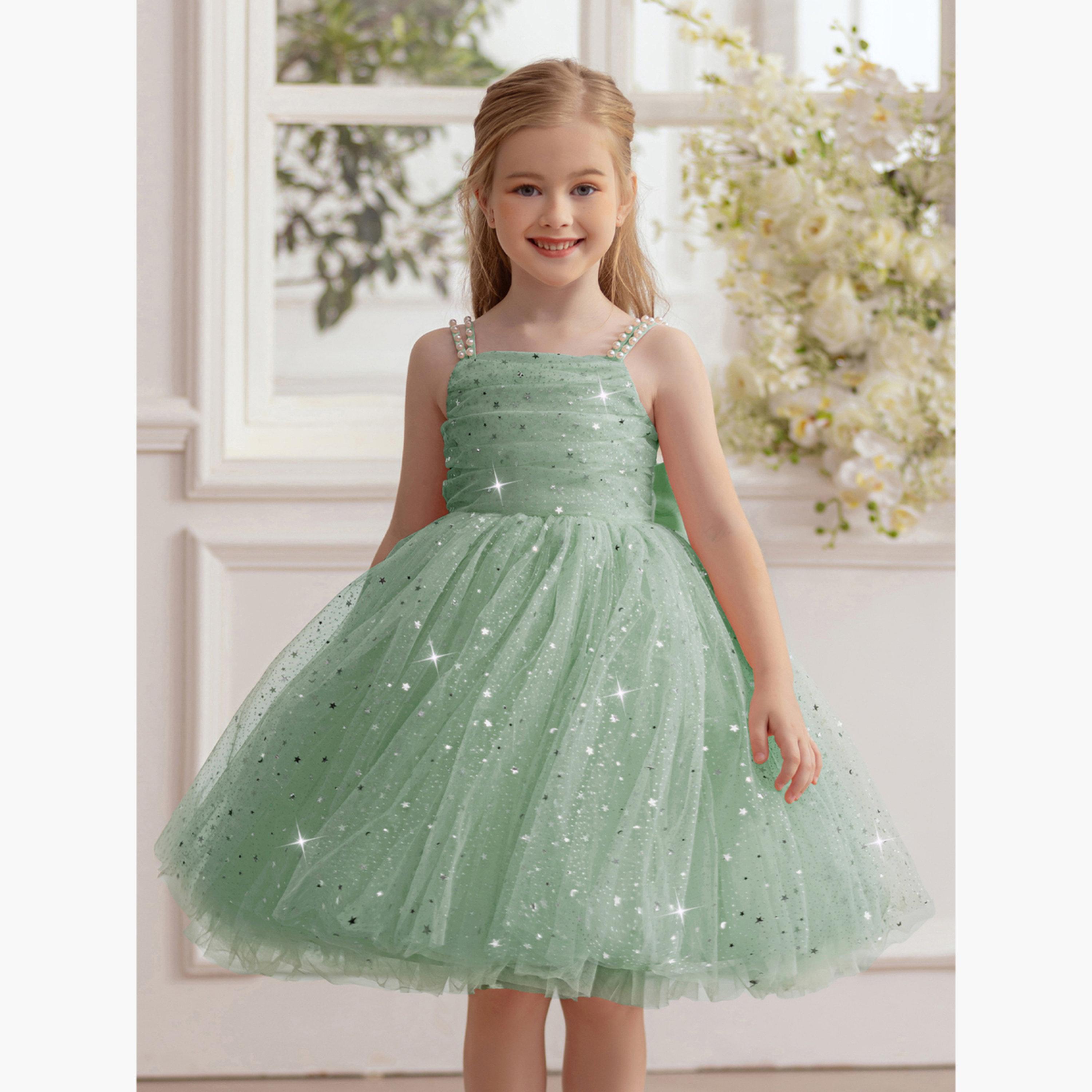 فستان ميدي بناتي شبكي مزين وبسيور أخضر-girls-clothing-dressesandjumpsuits-image-5