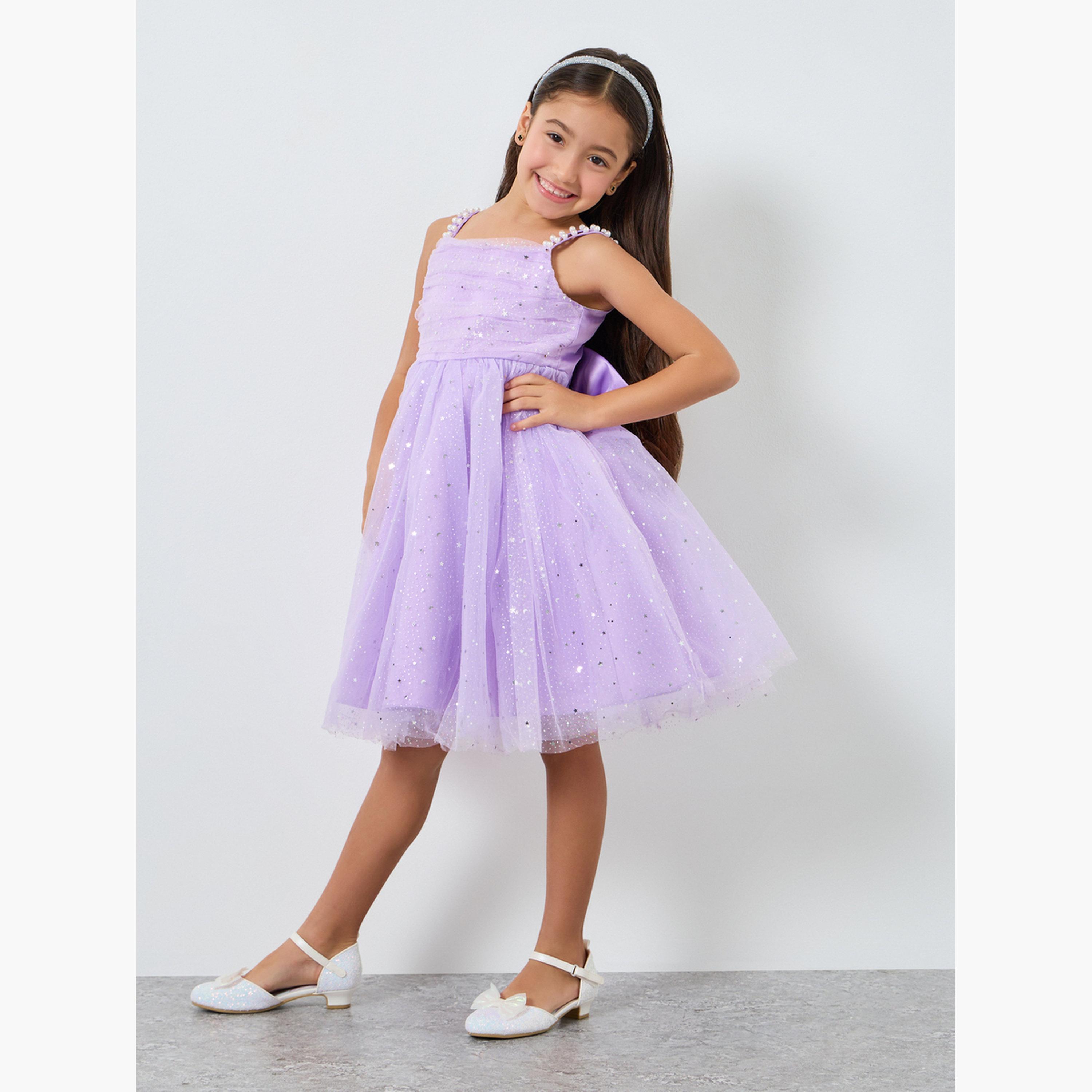 فستان ميدي بناتي شبكي مزين وبسيور-girls-clothing-dressesandjumpsuits-image-2