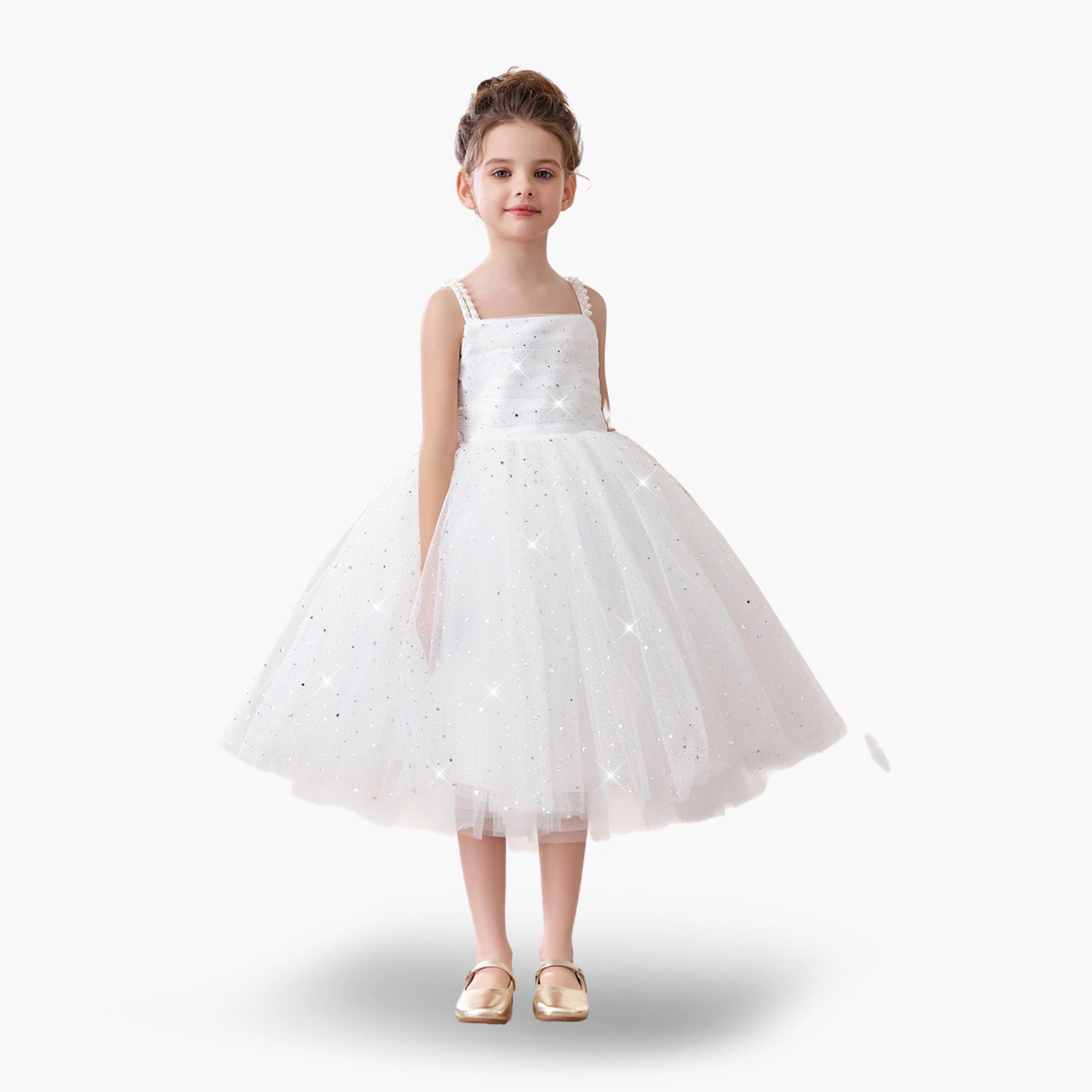 فستان ميدي بناتي أبيض شبكي مزين وبسيور-girls-clothing-dressesandjumpsuits-image-1