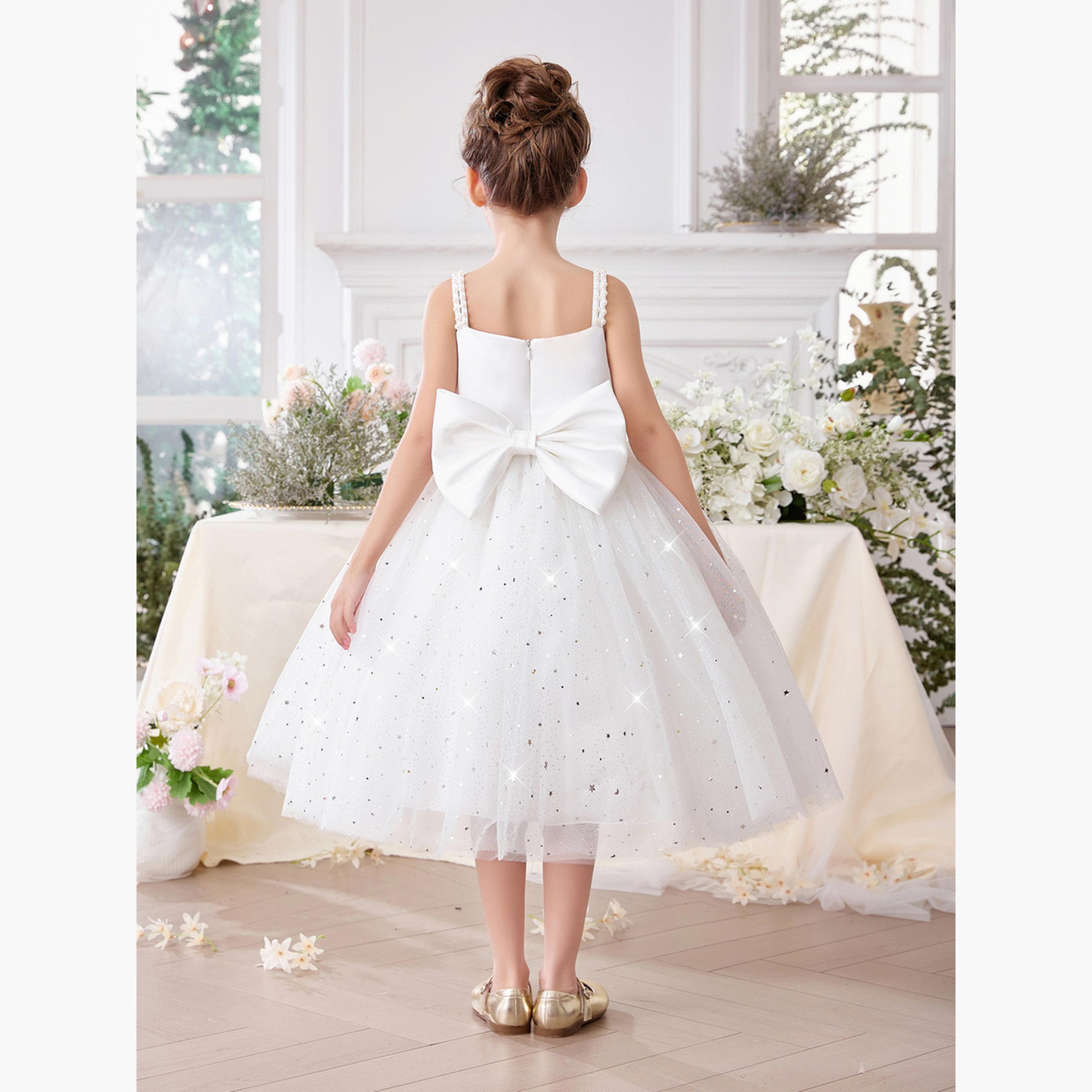 فستان ميدي بناتي أبيض شبكي مزين وبسيور-girls-clothing-dressesandjumpsuits-image-2