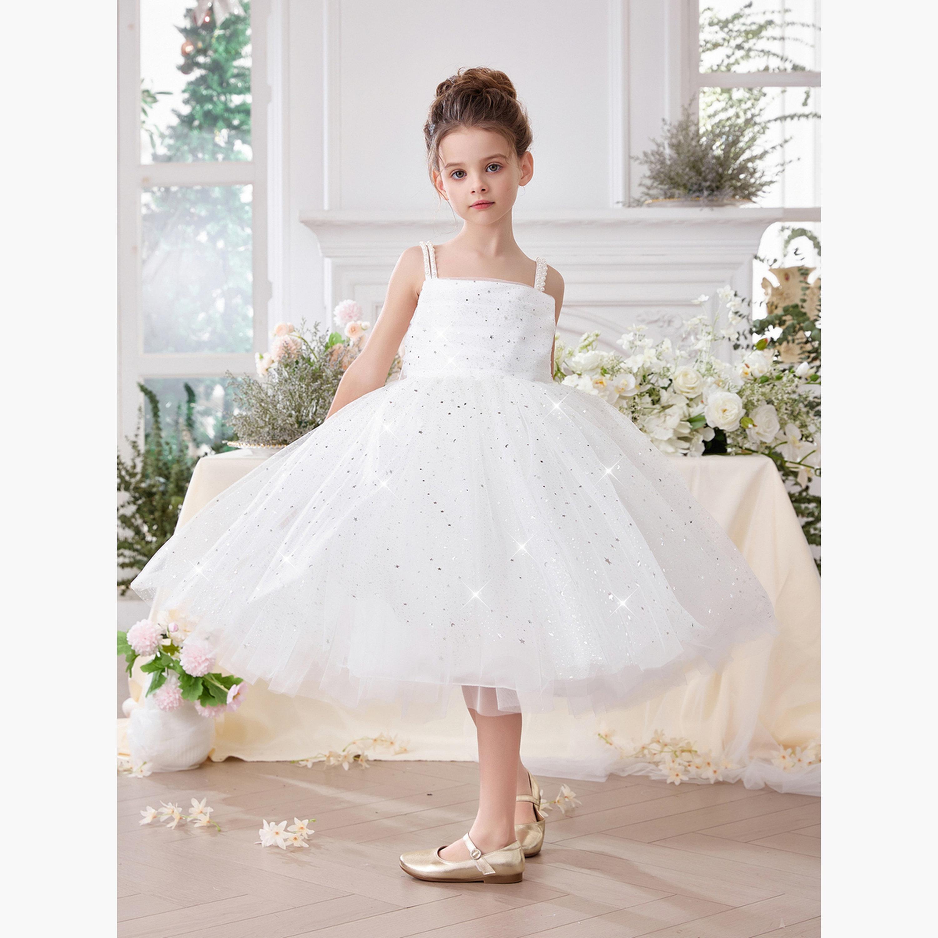 فستان ميدي بناتي أبيض شبكي مزين وبسيور-girls-clothing-dressesandjumpsuits-image-5