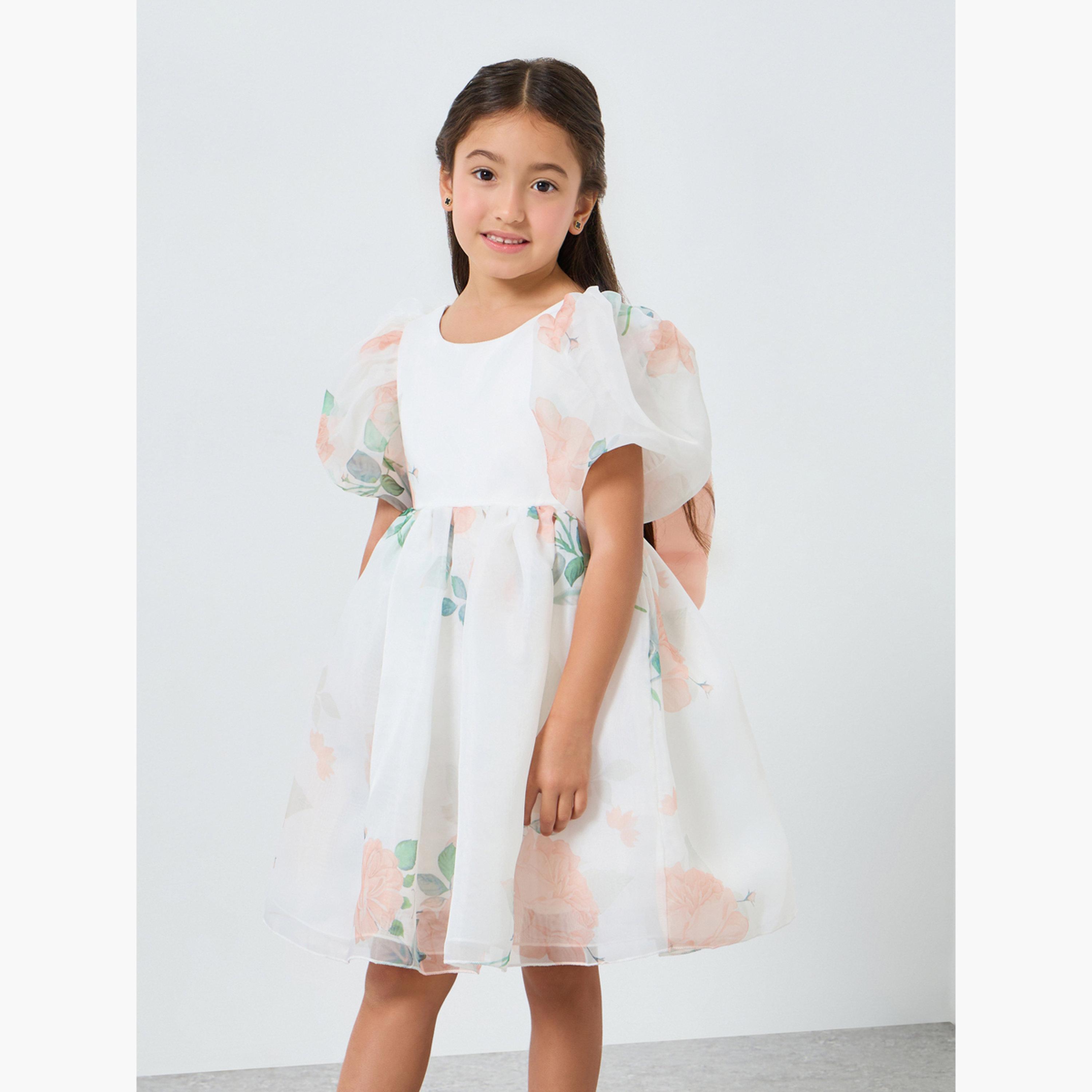 فستان برتقالي بطبعة زهور وأكمام منفوخة-girls-clothing-dressesandjumpsuits-image-1