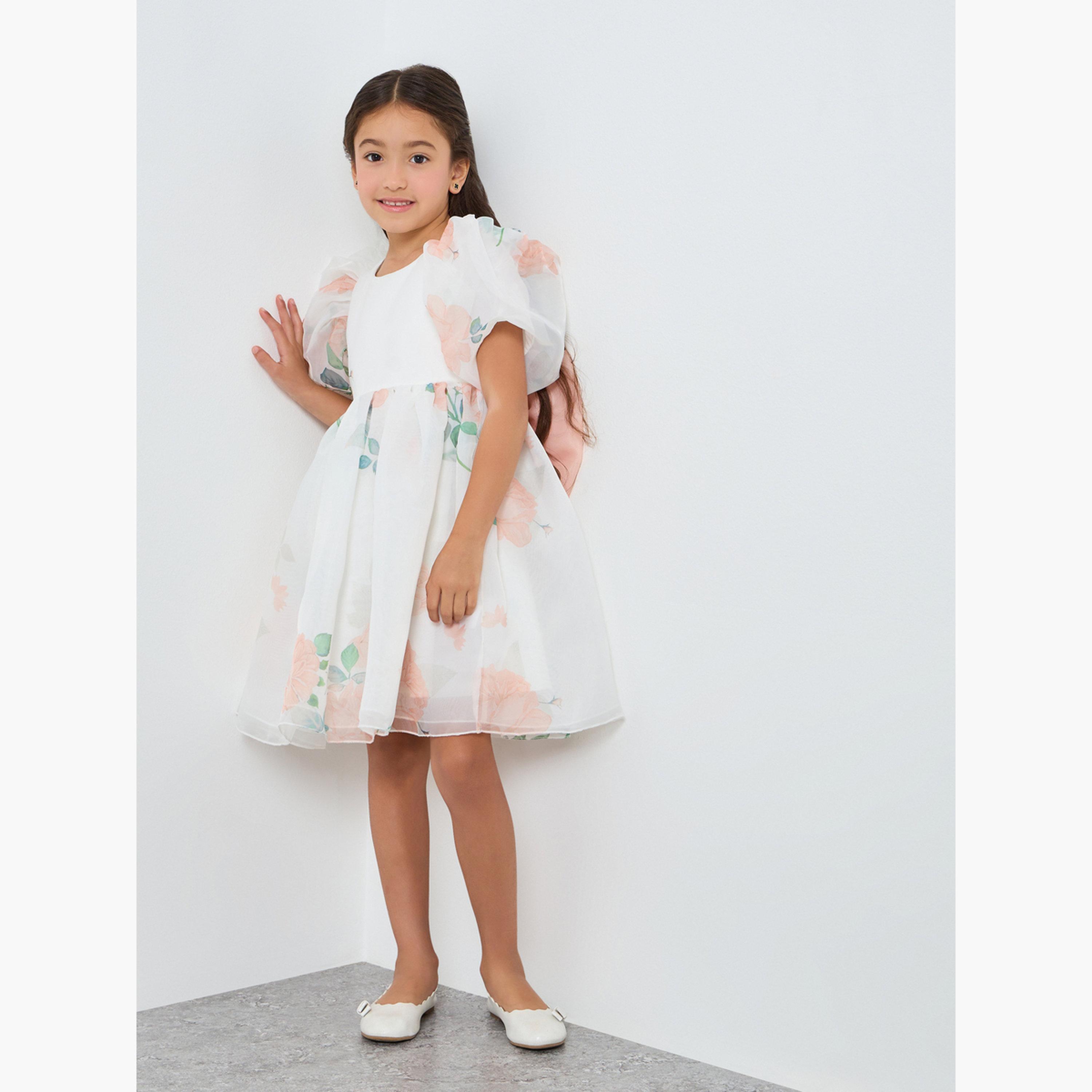 فستان برتقالي بطبعة زهور وأكمام منفوخة-girls-clothing-dressesandjumpsuits-image-2