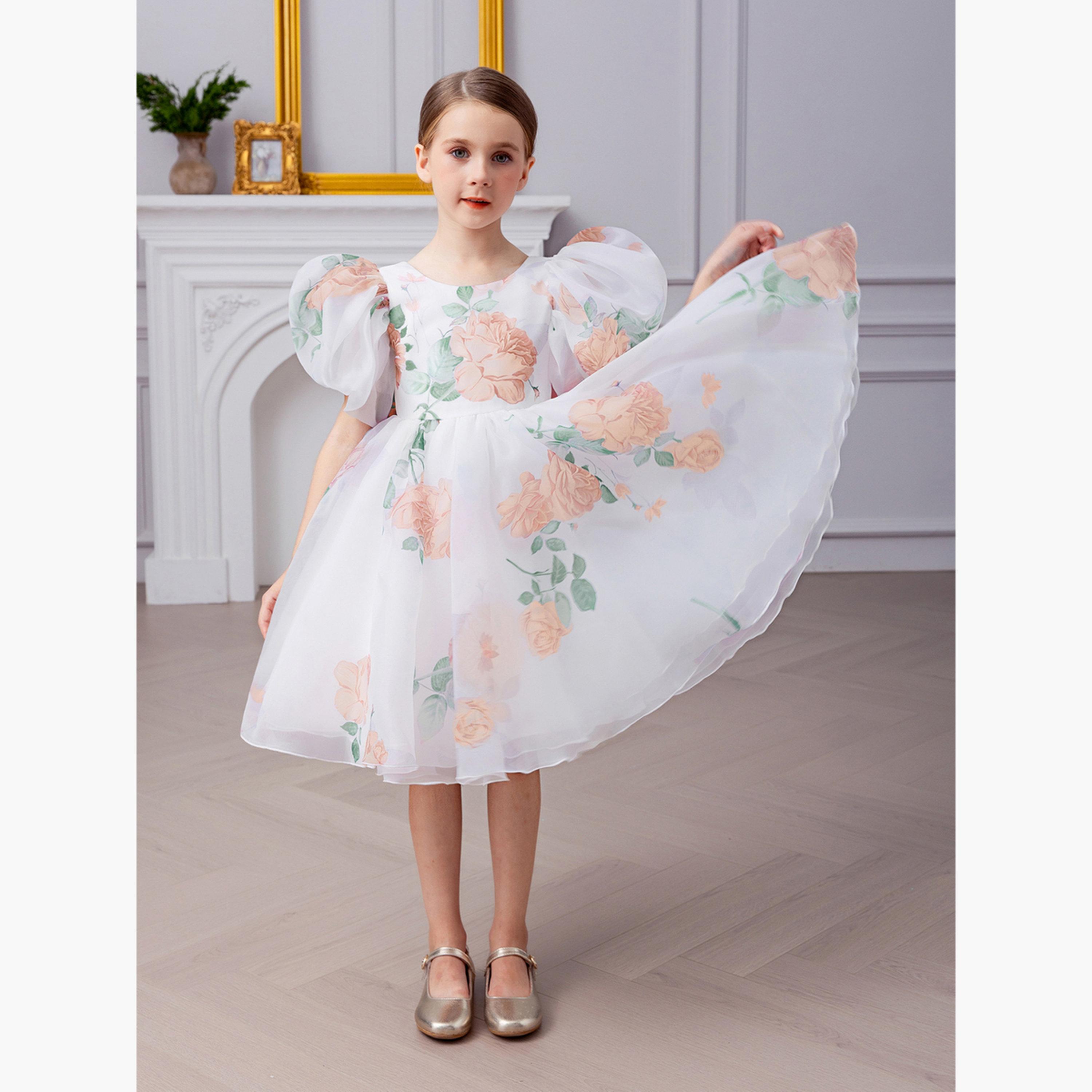 فستان برتقالي بطبعة زهور وأكمام منفوخة-girls-clothing-dressesandjumpsuits-image-5